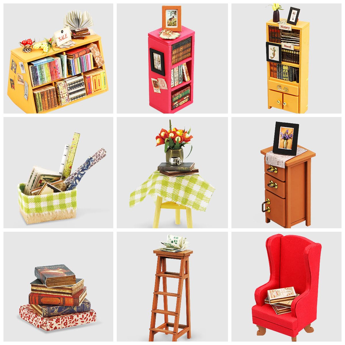 Rolife DIY Miniature Dollhouse Kit Bookstore Room Making Kit Mini Library Diorama Kit Wooden Model Building Set Hobby Christmas Birthday Gifts for Adults Women Family (Sam's Study)