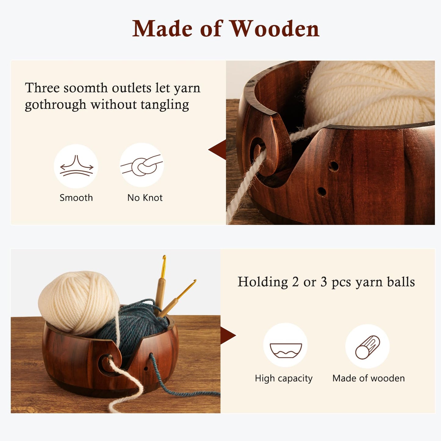 Wooden Yarn Bowl Holder, Craft Knitting Bowl with 8pcs Metal Crochet Hooks, 7.9''Large Yarn Holder Dispenser Yarn Storage Bowls, for Knitters & Crocheters (Brown 7.9 inch)