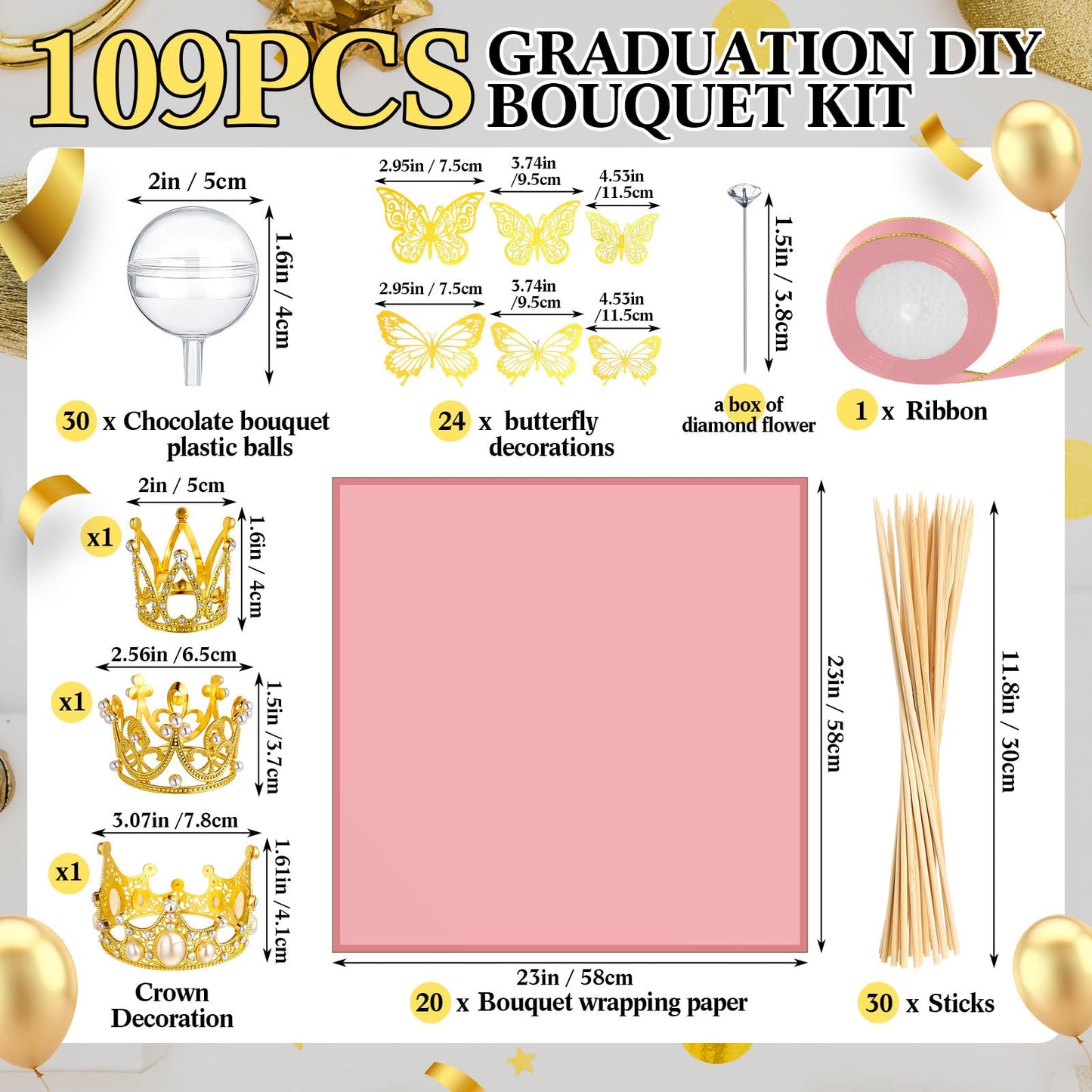 Funnymoom 109 Graduation DIY Chocolate Flower Bouquet Kit 2026 Candy Rose Clear Acrylic Lollipop Ball Holder Floral Wrapping Paper 3D Gold Butterfly Crown Ribbon Grad Gift(Pink)