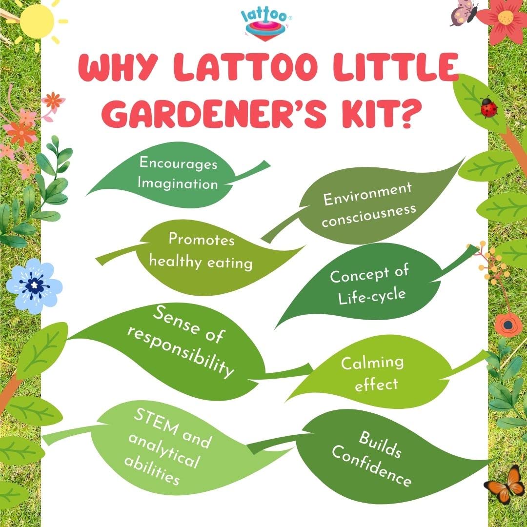 Lattooland Little Gardener's Kit | Complete Gardening Kit for Children 3-8 Year Old| Gardening Tools, Metal planters, Metal Watering can, Soil, Seeds, | Flower Grow Set | Birthday Gift Multicolor