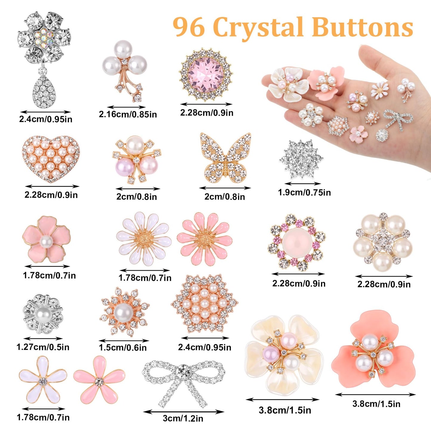 96 Pcs Rhinestone Buttons for Crafts Pink Faux Pearl Embellishments Buttons Butterfly Flower Brooch for Jewelry Making DIY Wedding Bags Supplies