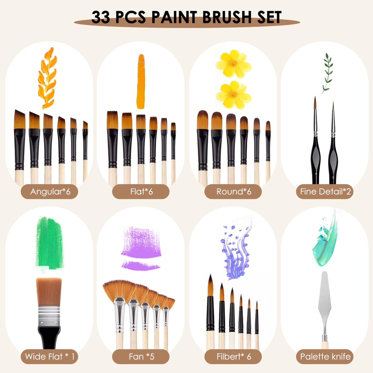 33pcs Paint Brush Set,Paint Brushes for Acrylic Painting, Oil, Watercolor,Professional Paintbrushes with Flat, Filbert, Fan, Palette Knife,ect.Art Supplies for Artists and Beginners
