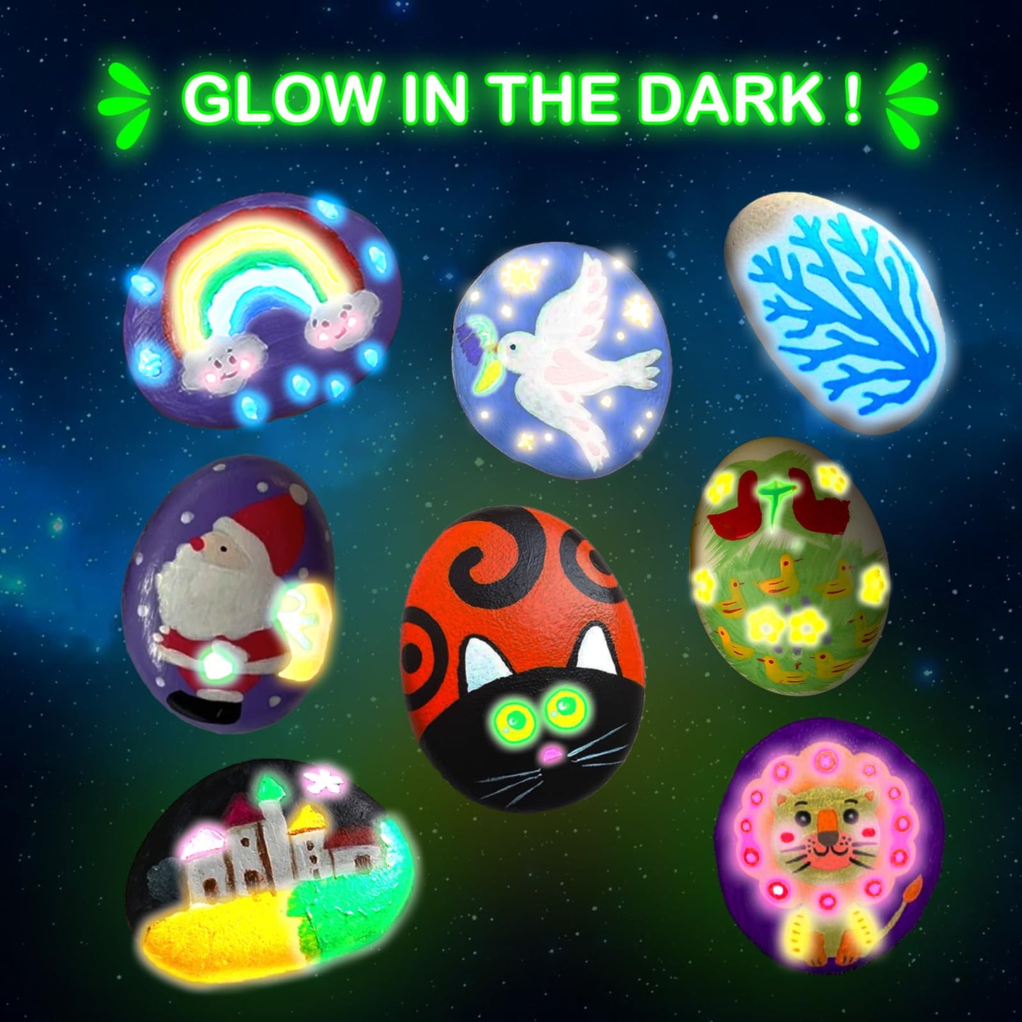 KIDS KING Glow in Dark Rock Painting Kit for Kids Ages 6-12, Art Craft for Party Drawing Activity, Complete Art Craft Kit Party Favors, Creative Toy Gifts for Boys Girls Birthday & Holidays, Christmas