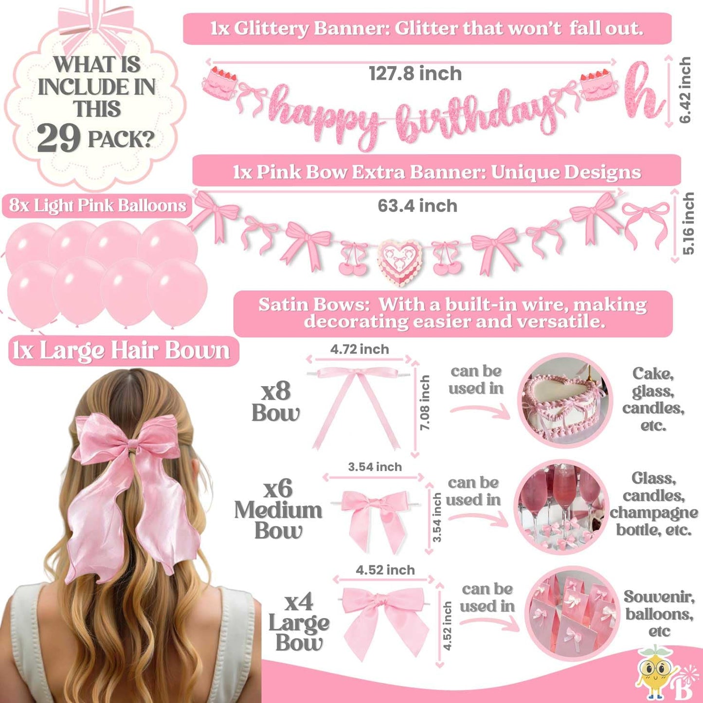 Pink Bow Decor Coquette Party Decorations, Pink Bow Cake Topper, Champagne Glasses, Candles, Balloons, Bow Birthday Party Decorations, Decoracion Moños Cumpleaños Happy Birthday Bow Themed Banner