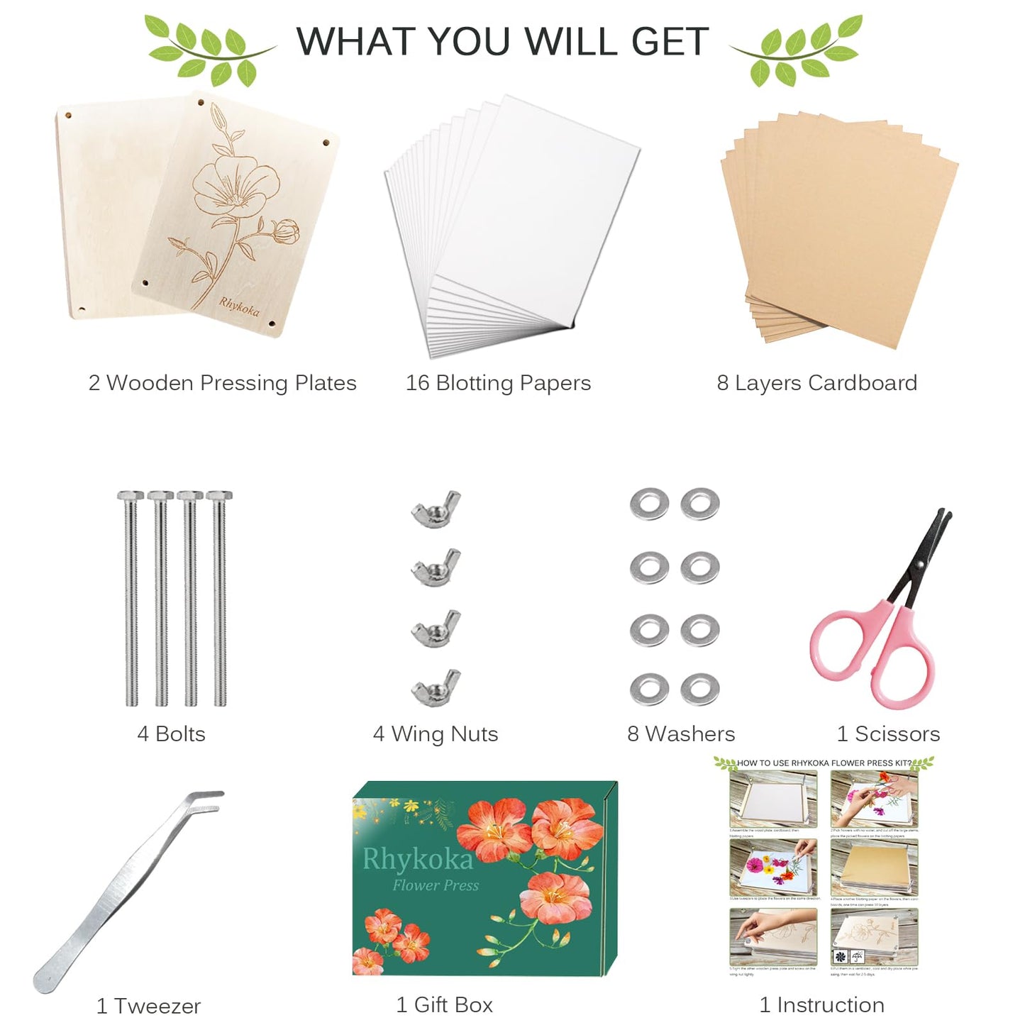 Rhykoka Professional Flower Press, 8 Layers 6.3x8.3 inch (16x21cm) Wooden Flower Press Kit/Flower Pressing for Adults, Great Gift for DIY Flowers Lovers (Wooden)