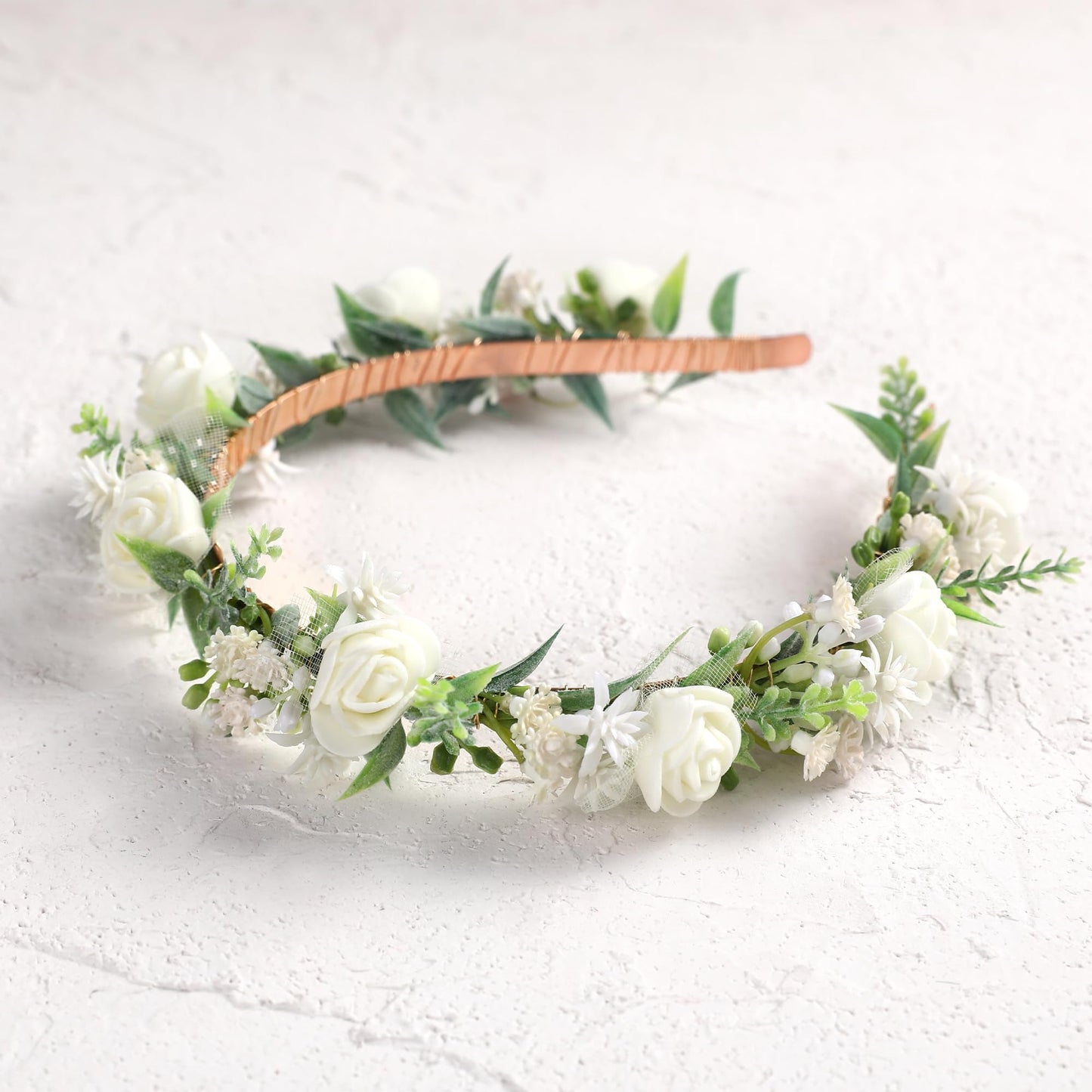 KorViSHOW White Flower Crown Hairband - Rose Flower Headband for Women's Wedding, Party, Festival Decoration, Hair Styling Accessory