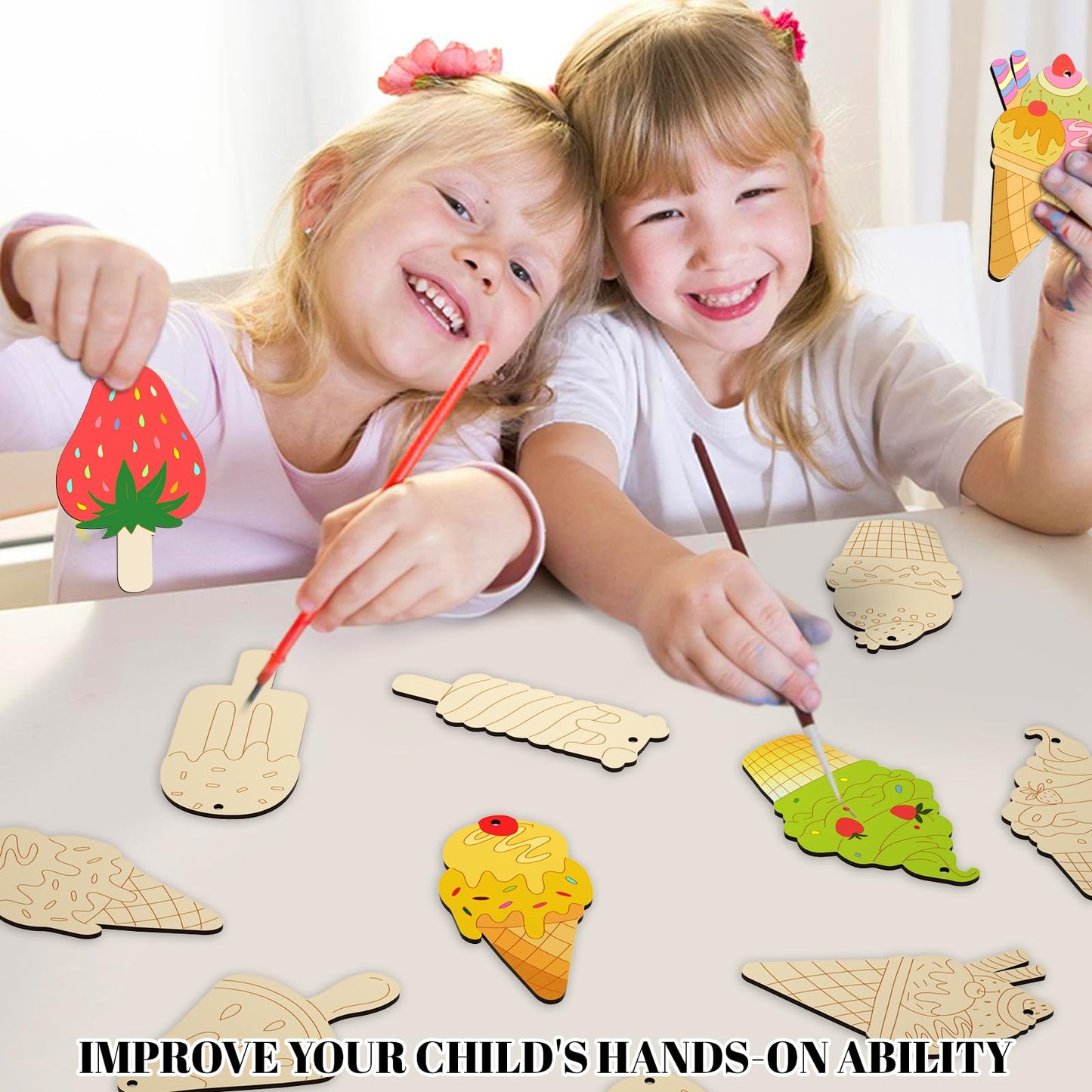 Subacy 80 PCS Unfinished Wood Cutouts 8 Styles DIY Wooden Spring Ornaments, Wooden Art Craft Painting Kit for Kids, Birthday Easter Creativity Arts & Crafts, Ice Cream Shape
