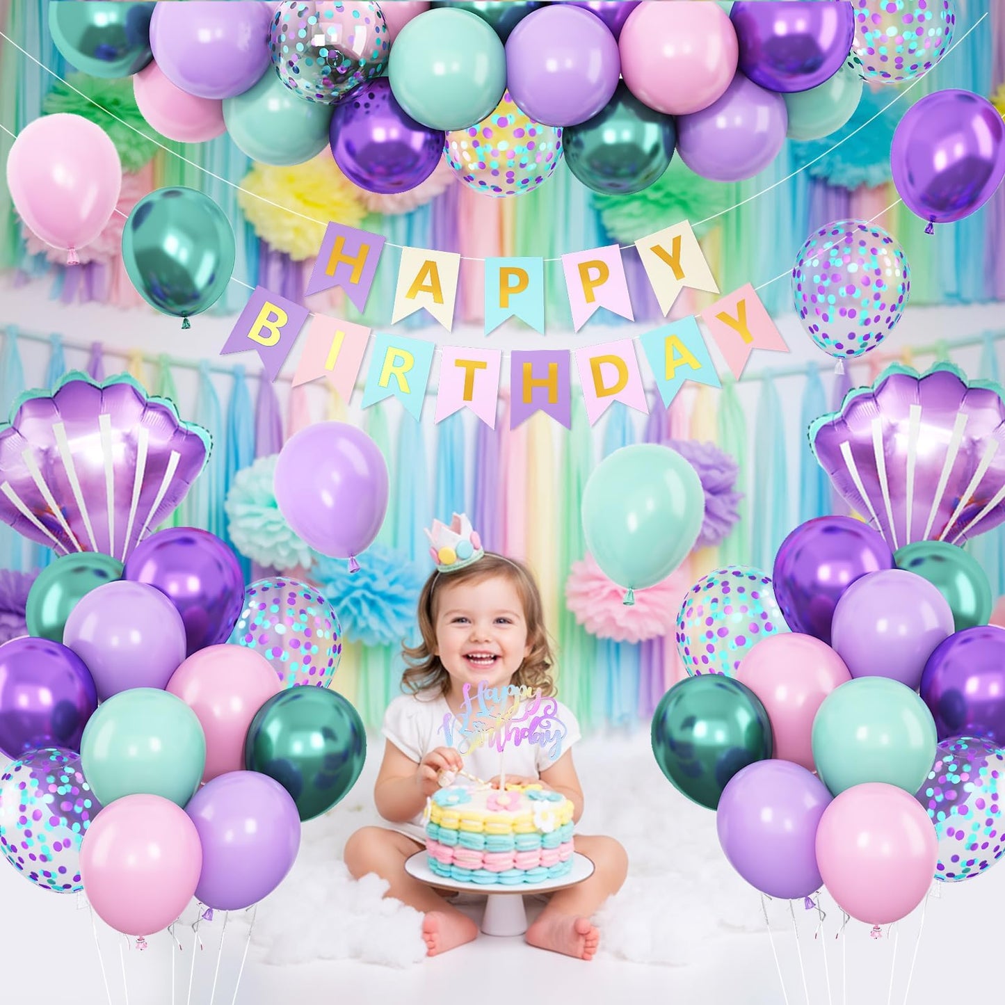 Mermaid Birthday Decoration for Girls,Metallic Purple Pink Green Blue Latex Balloons Seashell Foil Balloons Banner Cake Topper Mermaid Sea Decorations