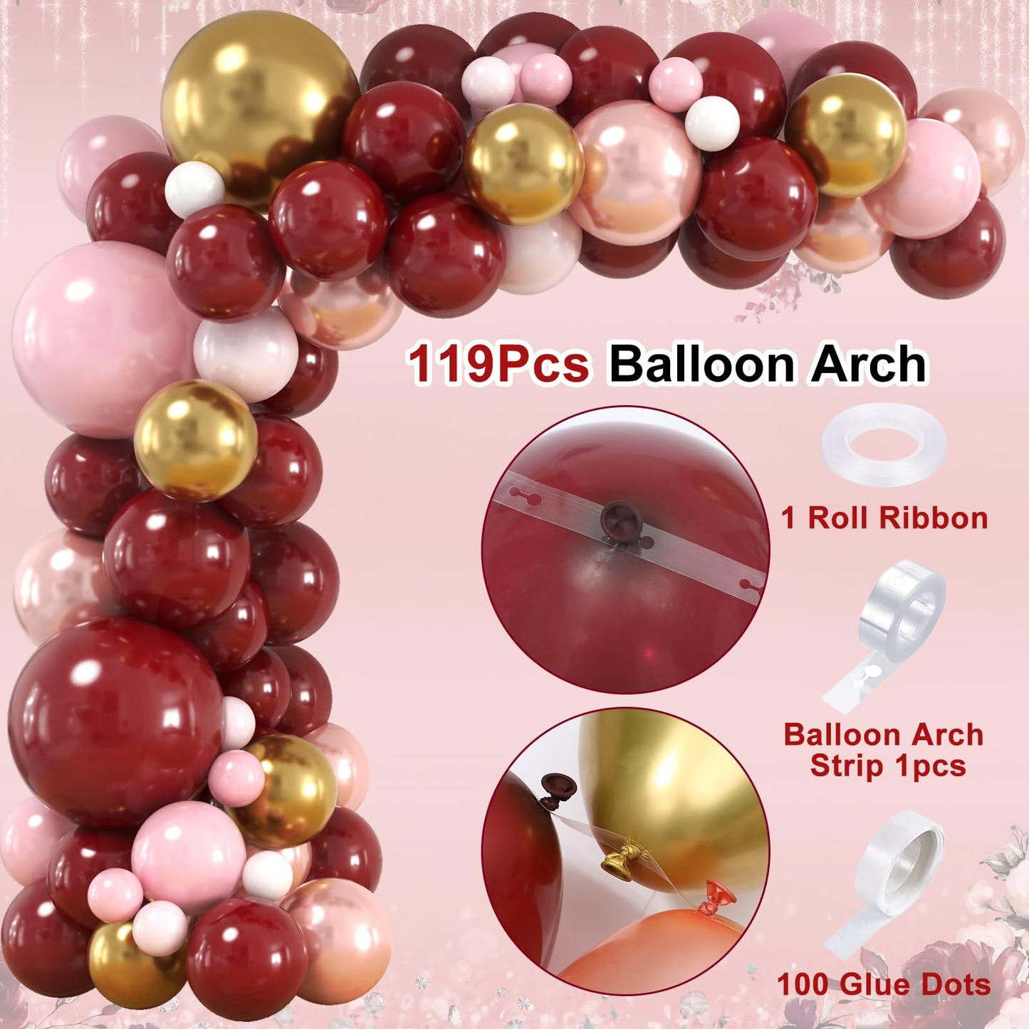167Pcs Happy Birthday Decorations for Women with Butterfly Sticker Cupcake Toppers, Burgundy Balloon Arch Kit Maroon Rose Gold Balloons Backdrop Tablecloth Floral Burgundy Birthday Party Supplies