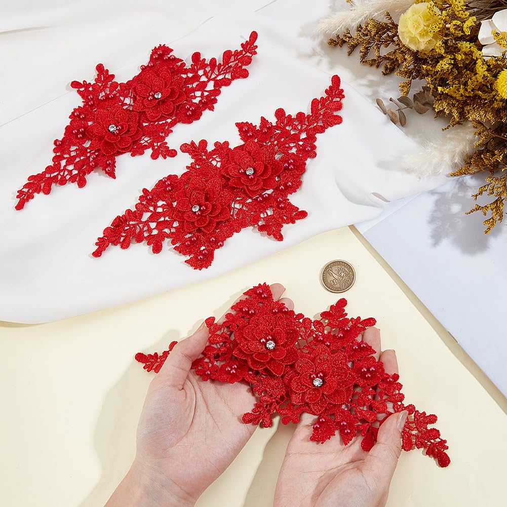 CABODYALS 4Pcs Red 3D Floral Lace Applique Pearl Beaded Embroidered Appliques Flower Rhinestone Embroidery Sew on Tulle Repair Patches Bulk for Sewing Making Clothes Dress Gown Wedding Costumes DIY