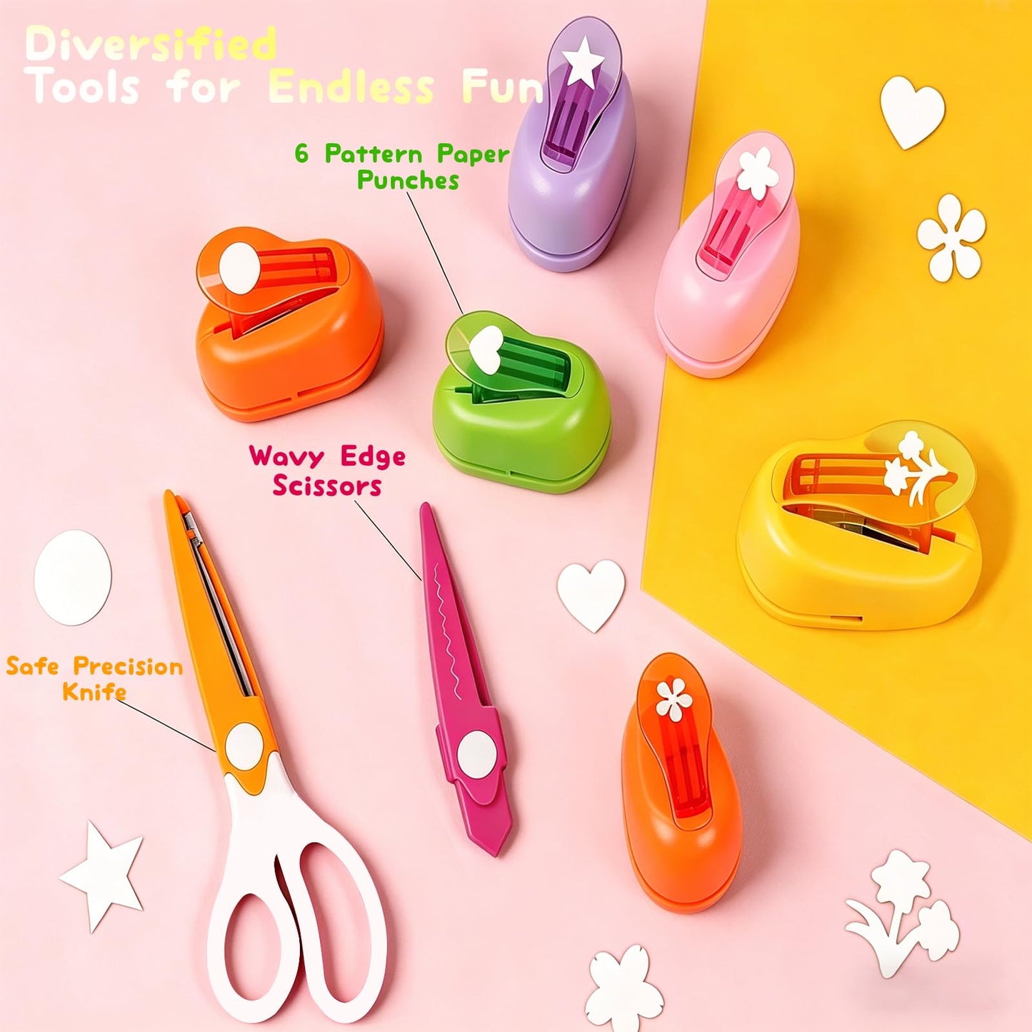 Kids Paper Craft Kit - Decorative Edge Scissors and 6-Piece Paper Hole Punch Set with Portable Storage Case, DIY Scrapbooking Art Supplies for Toddlers & Students, Great Birthday Gift for Girls & Boys