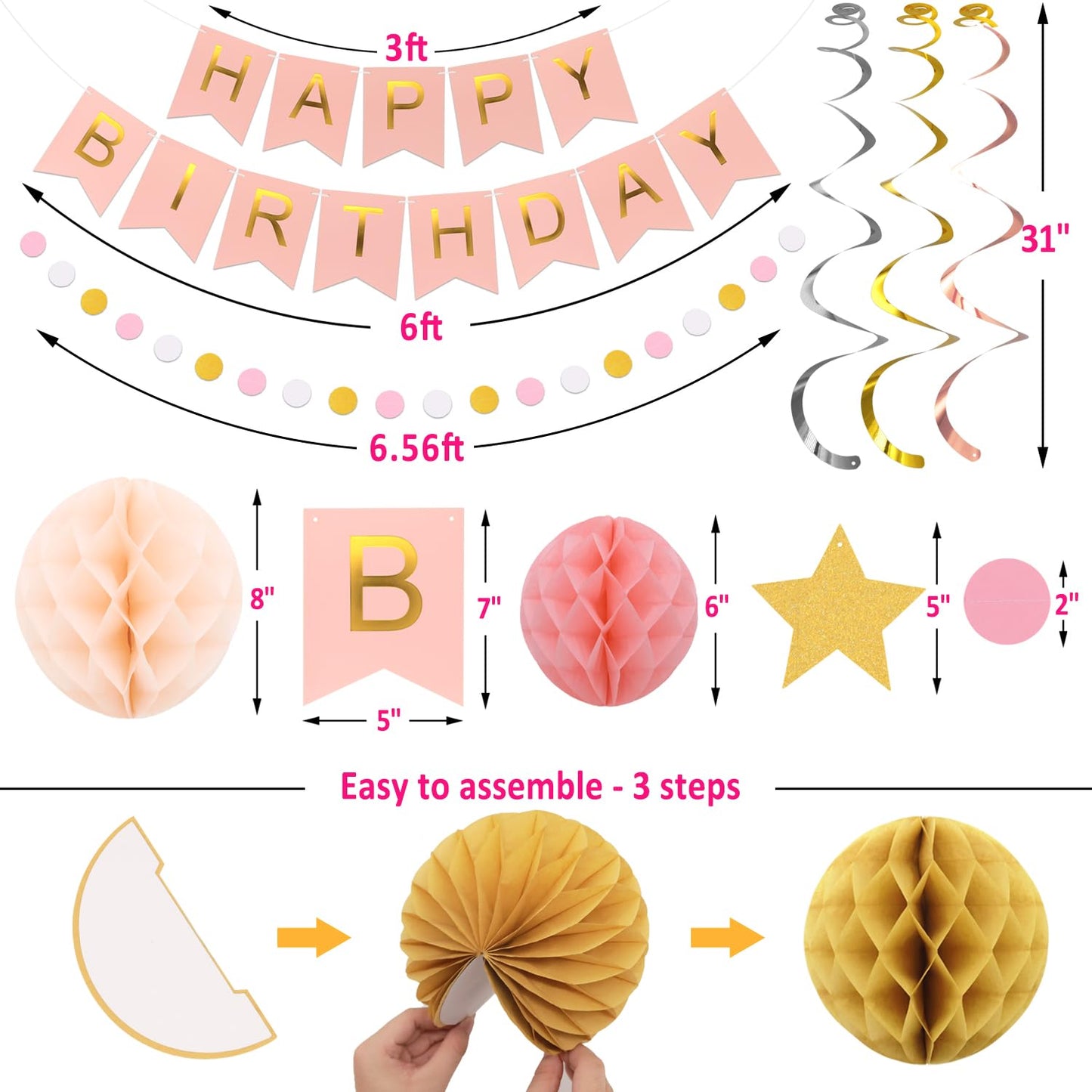 Birthday Decorations, NO DIY, Pre-Strung Happy Birthday Banner with Honeycomb Balls, Metallic paper Hanging Swirls Streamers, Circle Dots Garland, Party Paper Bunting for Women Men Boys Girls(Pink)