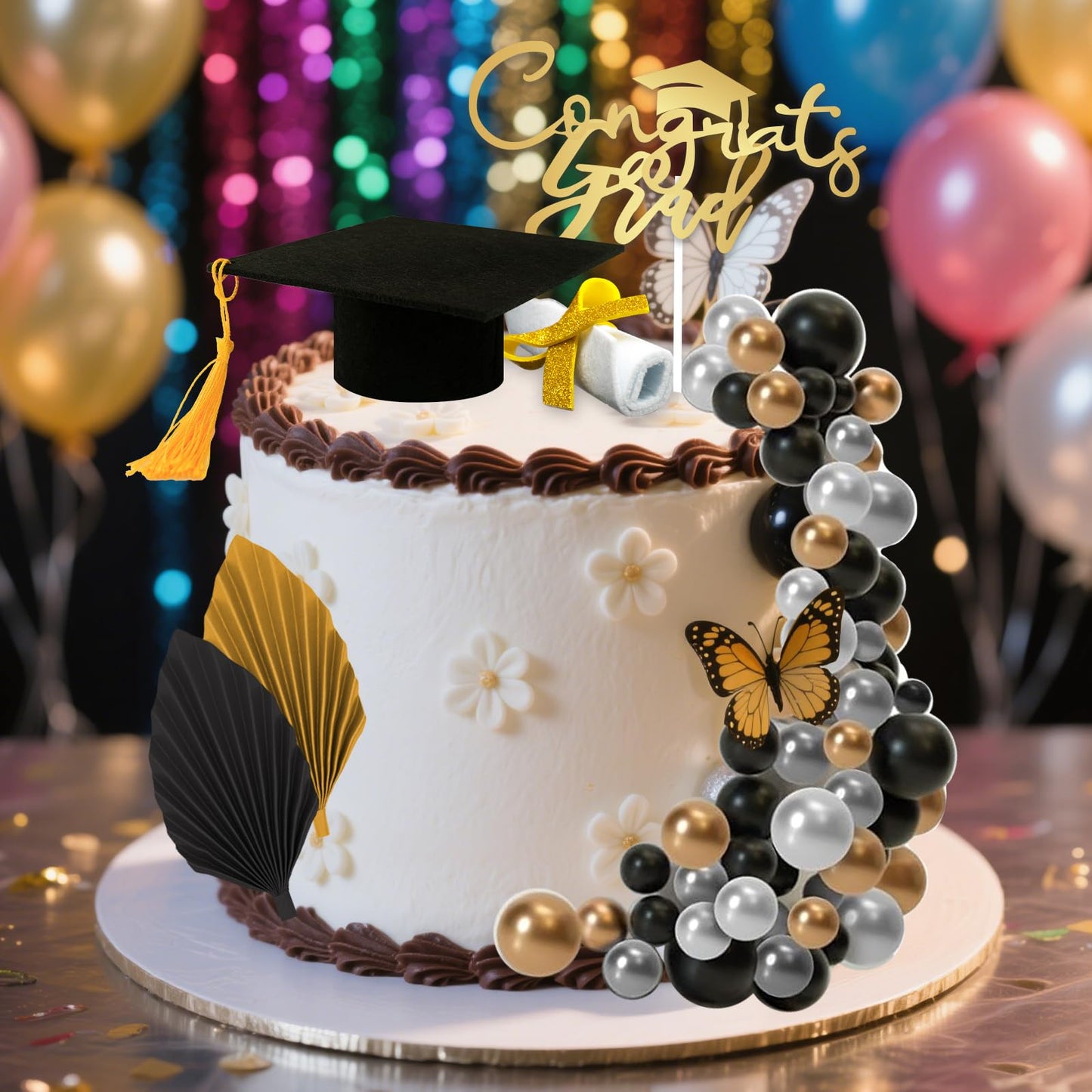 Graduation Cap Cake Topper Decorations Kit Included Cap Diploma Gold Congrats Grad Cake Topper Balls and Paper Palm Leaves Cake Decorations for Graduation Party Cake Decoration (Black)