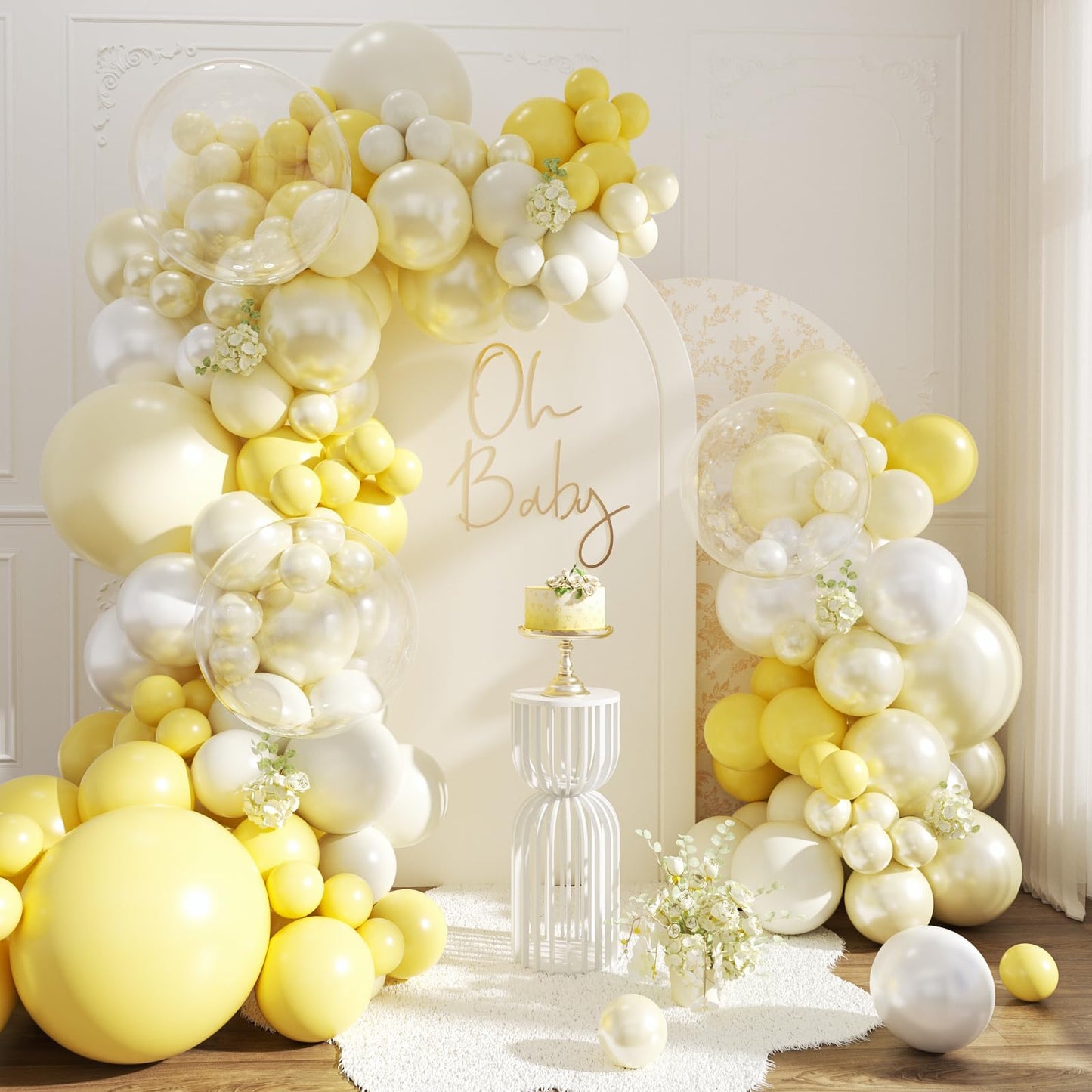 Yellow Balloon Arch Kit 108Pcs Double Stuffed Pearl Yellow Pastel Yellow White Clear Balloons for Bridal Shower Baby Shower Birthday Wedding Engagement Party Decorations
