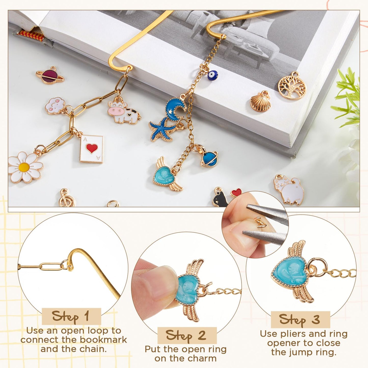 Tudomro 250 Pcs Metal Bookmarks Making Kit, DIY Metal Bar Bookmark Kit, DIY Craft Supplies with Charms, Jump Rings, Chains and Tools, Jewelry Making for Custom Bookmark Crafts (Cute)
