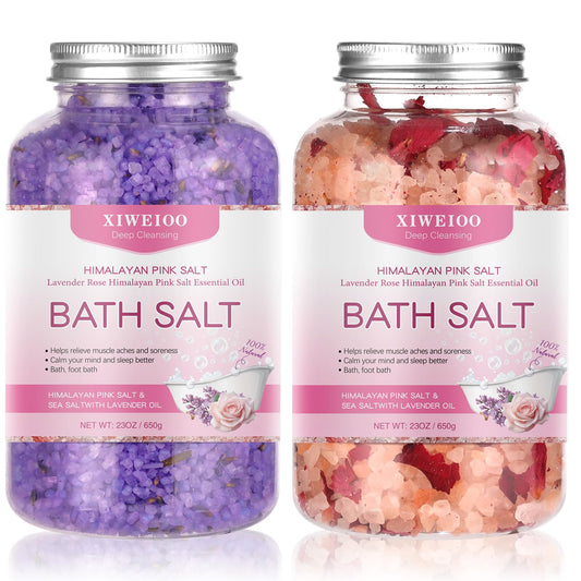 XIWEIOO Bath Salts kit Himalayan Pink Salt -46 oz, Pack of 2 Natural Epsom Salt Rose, and Lavender- Essential Oils Relaxes and Better Sleep Foot Soak Tea Tree Oil Soaking & Bathing