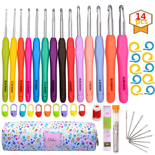 YOKER Crochet Hooks Set, 14 Sizes 2mm(B)-10mm(N) Ergonomic Crochet Needles with Case for Arthritic Hands, Extra Long Crochet Kit