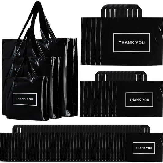Teling 200 Pcs Thank You Plastic Bags Bulk Thank You Merchandise Bags for Wedding Business, 9 x 12'', 12 x 15'', 15 x 18''(Black)