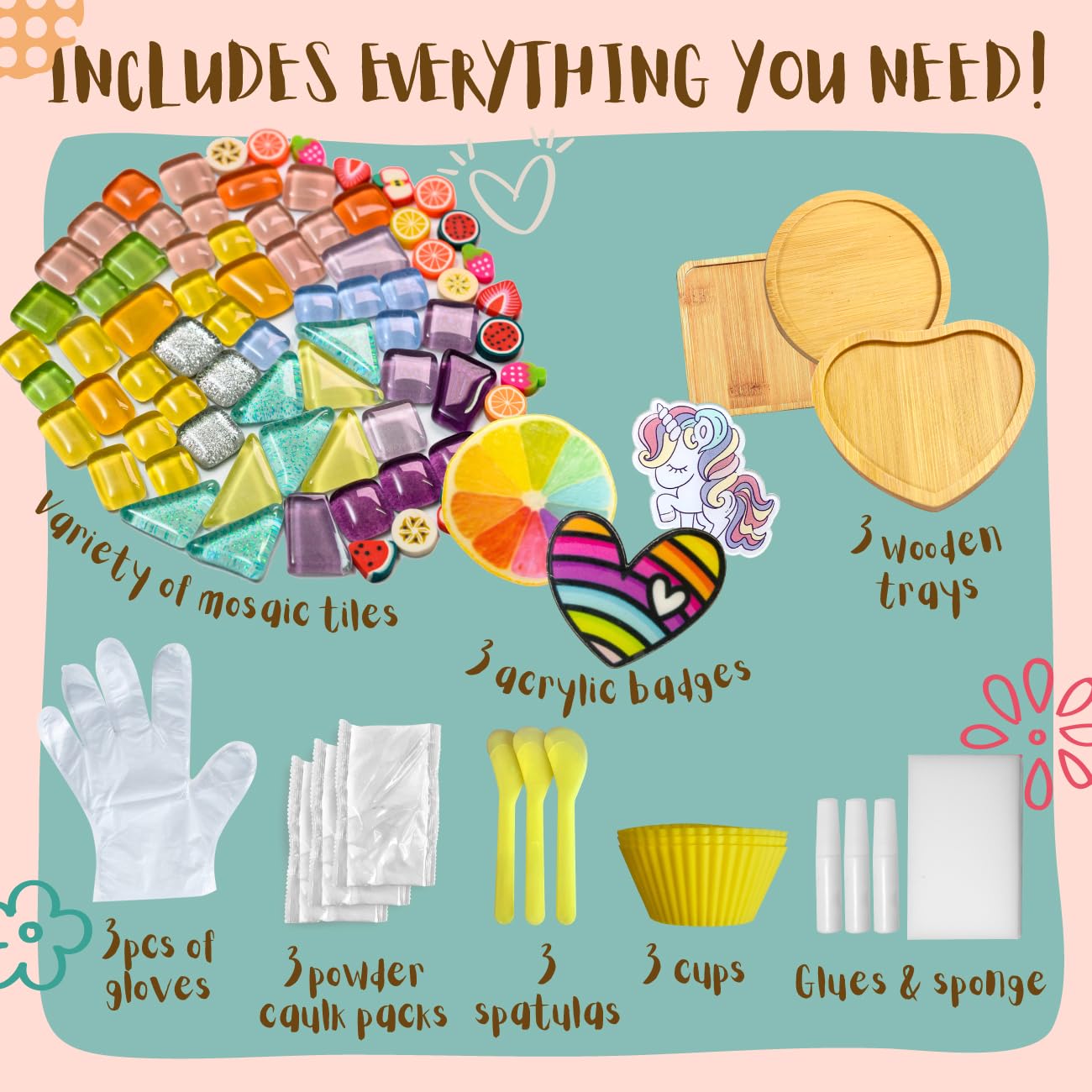 Glittery Garden Mosaic Craft Kit - Decorate Your Own Unicorn and Rainbow Design Coaster with Glass Tiles. Birthday Gift, Fun DIY Art and Craft Supplies. Girls, Kids & Teens Activity Kit