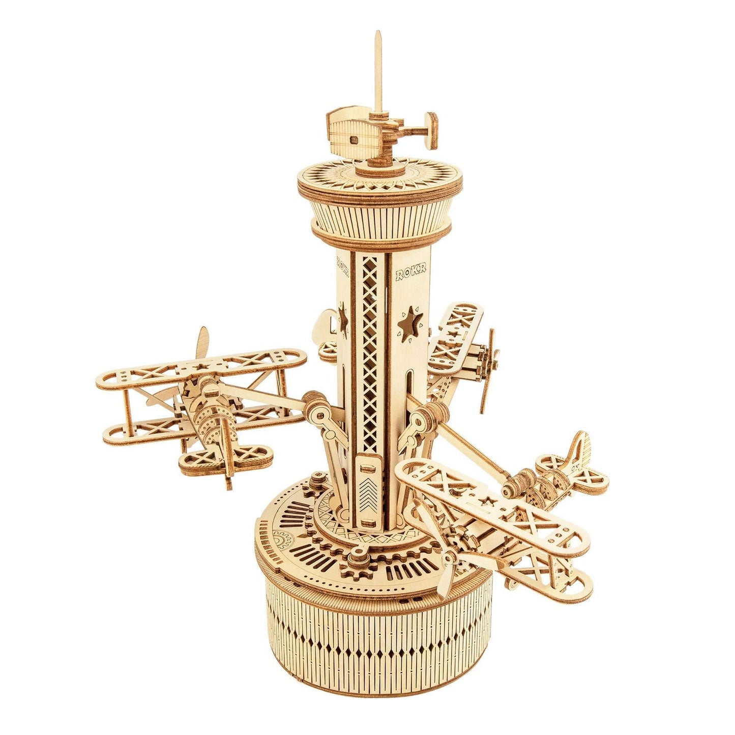 ROKR 3D Wooden Puzzle for Adults Airplane Tower Music Box - DIY Mechanical Model Building Kit 10", Birthday Gifts for Men/Women/Parents/Family