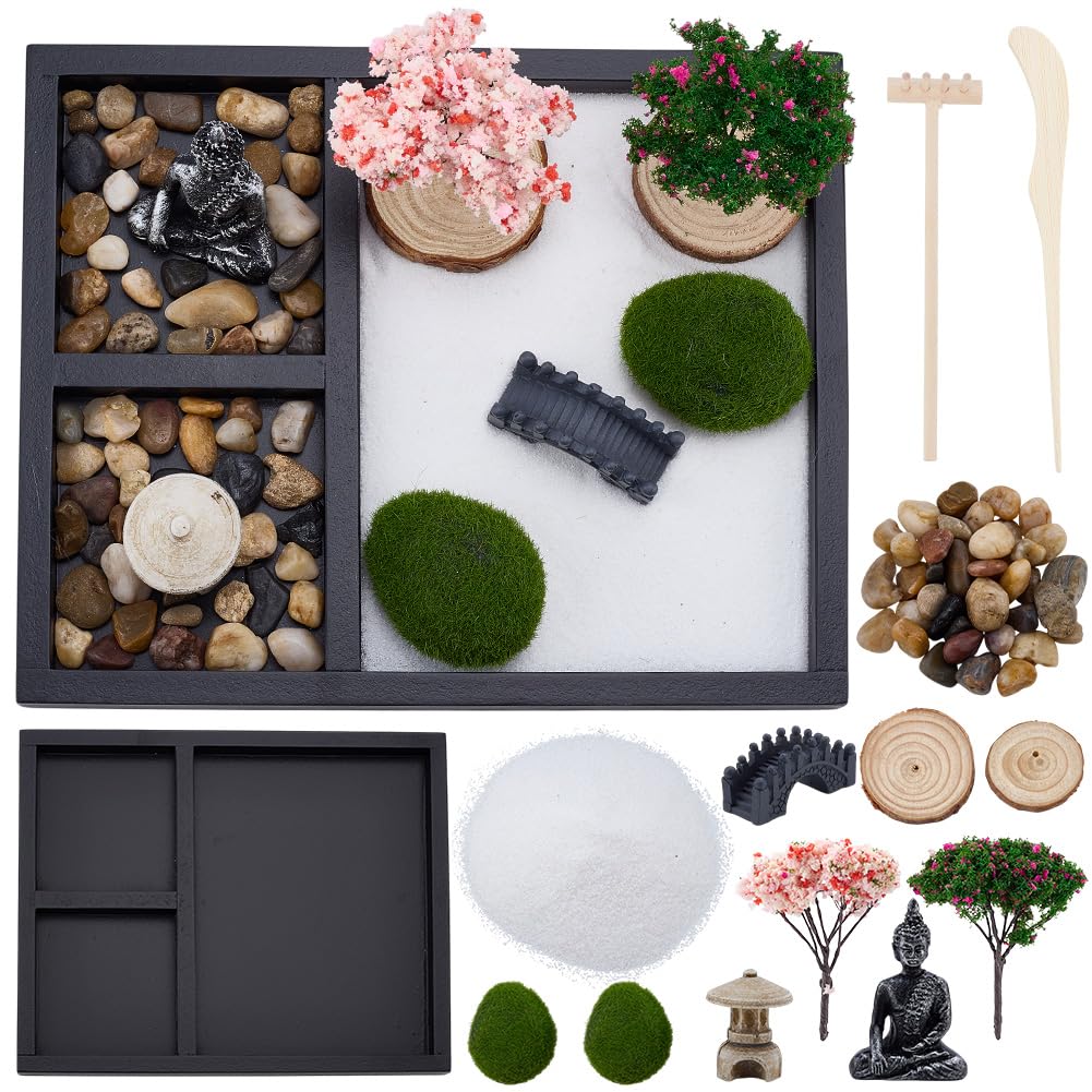WEBEEDY Mini Zen Garden Kit for Desk, Japanese Mini Sand Box Set DIY Desktop Meditation Set Includes Sand, Buddha Statue & Rake for Home Office Desk Yoga Zen Decor Spiritual Gift, 8.5x6.8 Inch