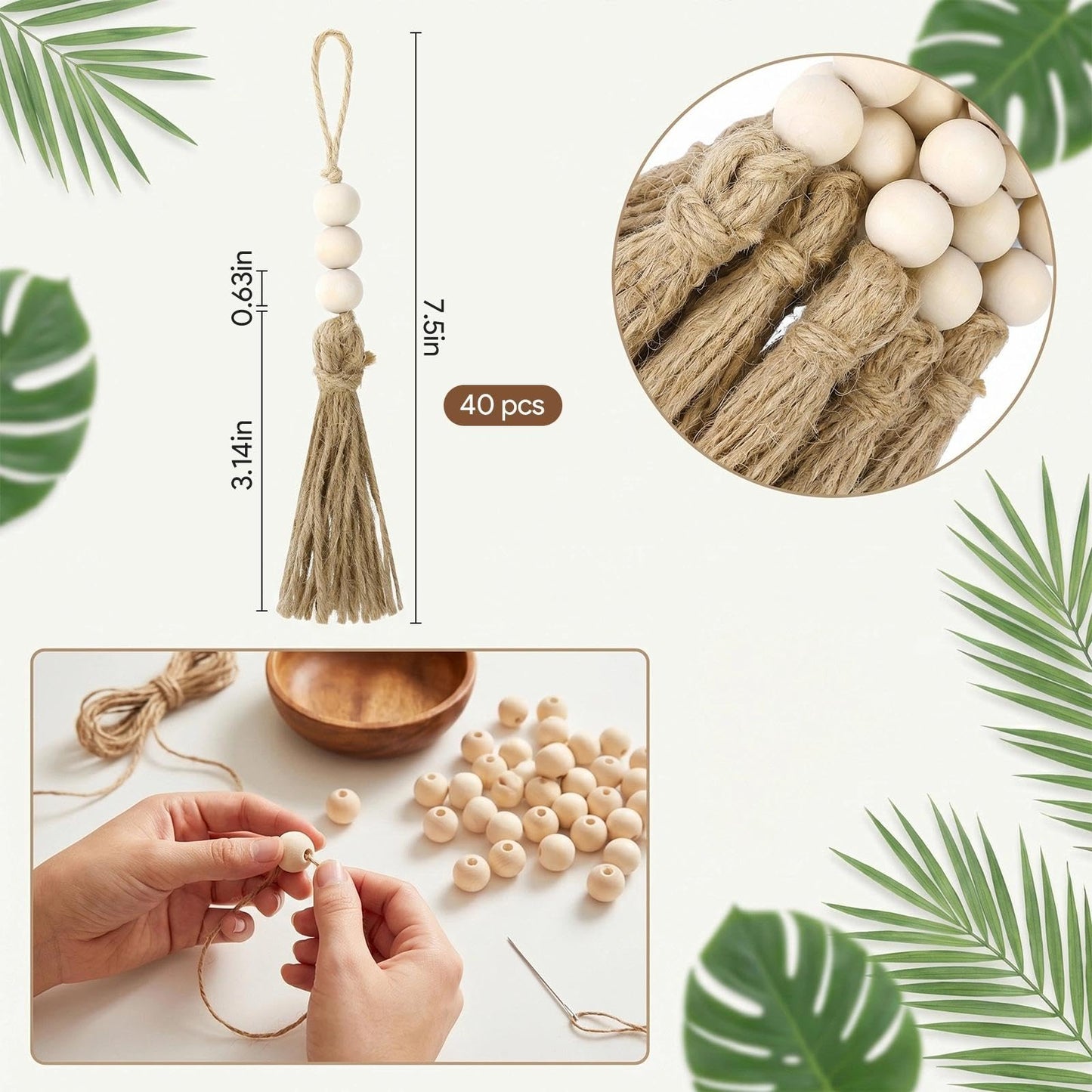 40 Pack Jute Tassels with Wood Beads, Tassels for Crafts, Natural Jute Rope and Wood Bead for Crafts, Bookmark Tassels,Tassels for Decoration DIY Craft Garland, Home Wedding Party Boho Decor