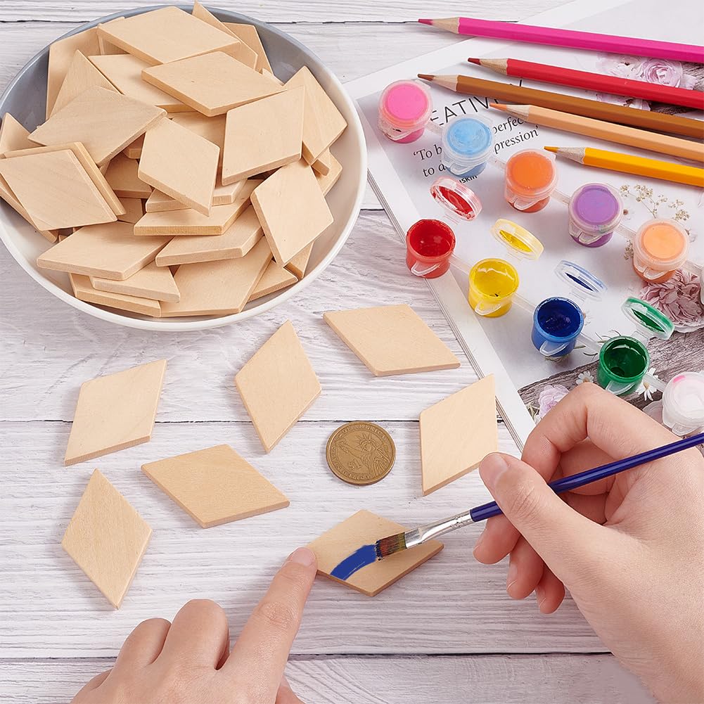 OLYCRAFT 50PCS Wood Pieces - Unfinished Natural Wood Rhombus Cutout Shape Blank Slices for DIY Crafts & Holiday Decoration - 2.3x1.3x0.2 Inch