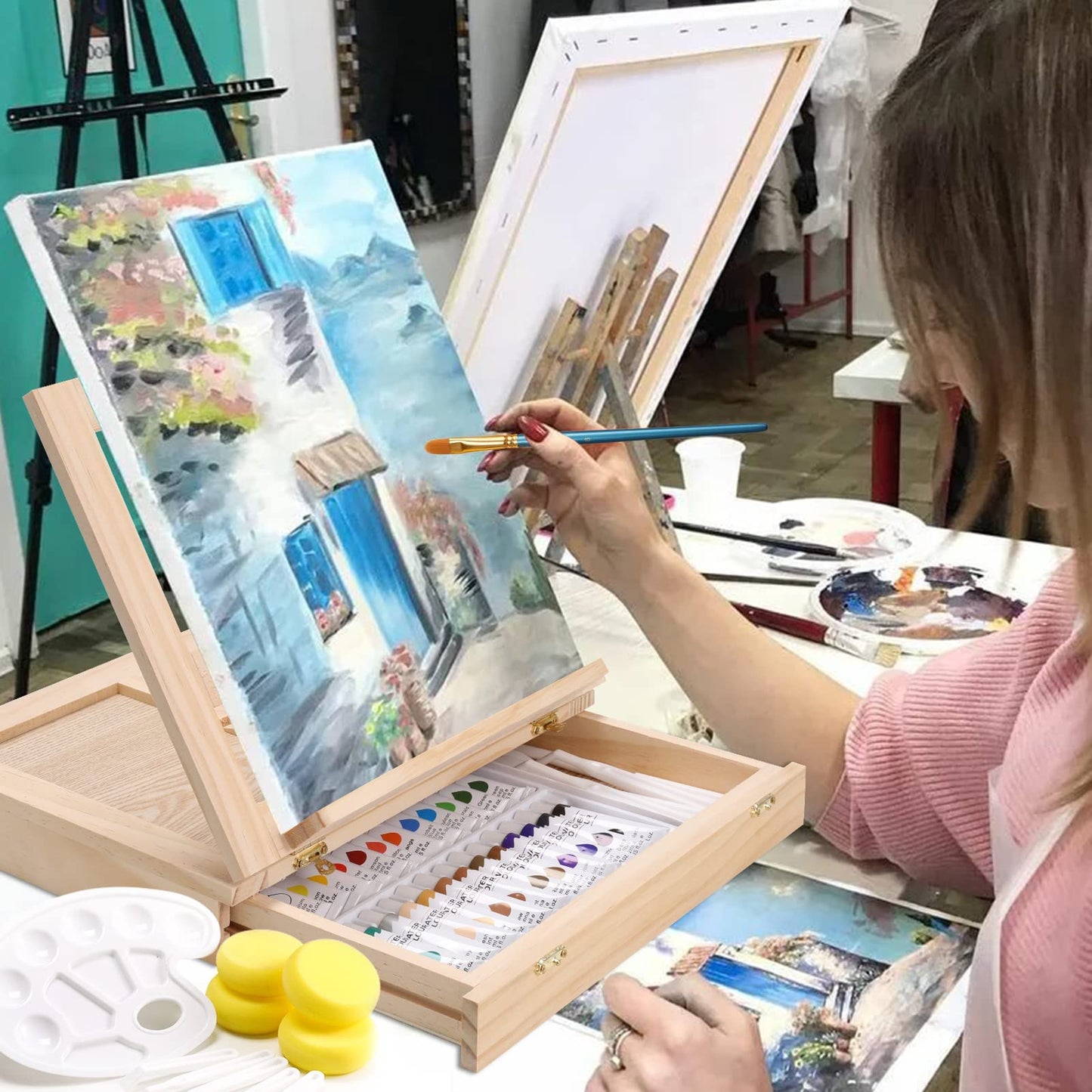 Painting Supplies Set, 49 Pieces Watercolor Painting Kit with Wooden Tabletop Easel, Includes Watercolor Paints, Brushes, Palette, Canvas Panels and Painting Pads, for Artists, Student, Adults, Kids