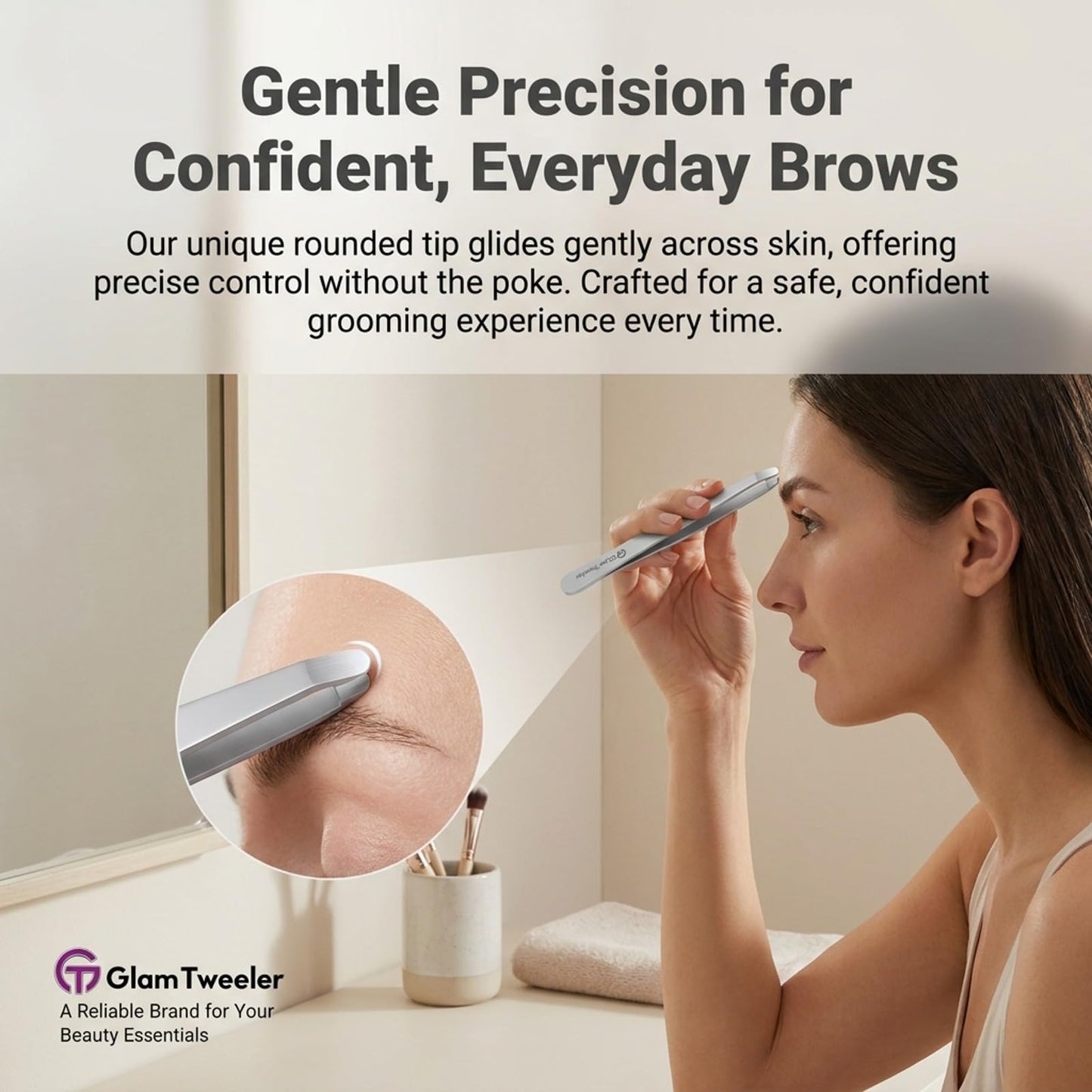 Premium Hand-Made Tweezers with Safe Rounded Tip & Comfort Spring for Pain-Free Plucking, Thick Stainless Steel for Precise Grip on Eyebrows & Facial Hair, Designed for Women and Men