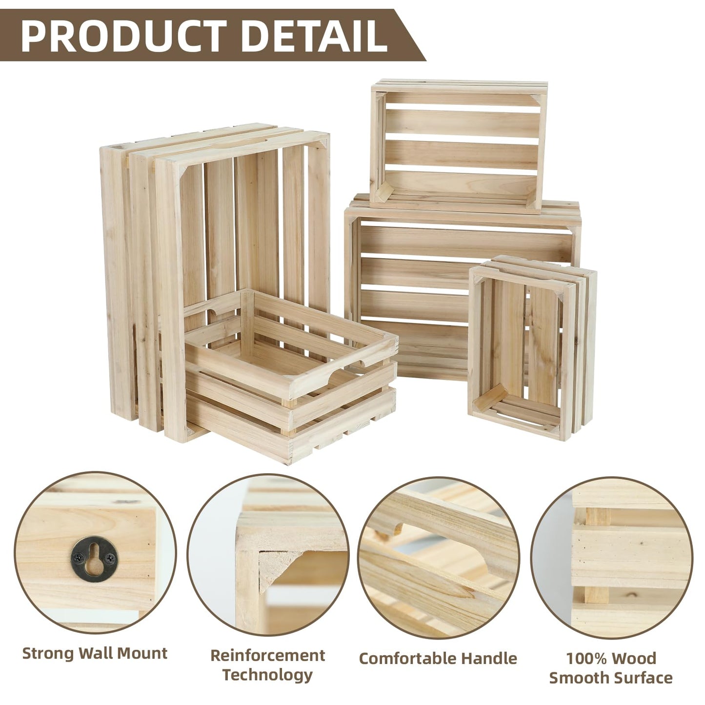 JUMBO HUMBLE Wooden Crates, Unfinished Set of 5 Large Wood Crates with Handles, Rustic Farmhouse Wooden Crate for Decor, Wedding Birthday Home Party Living Room Kitchen Decoration