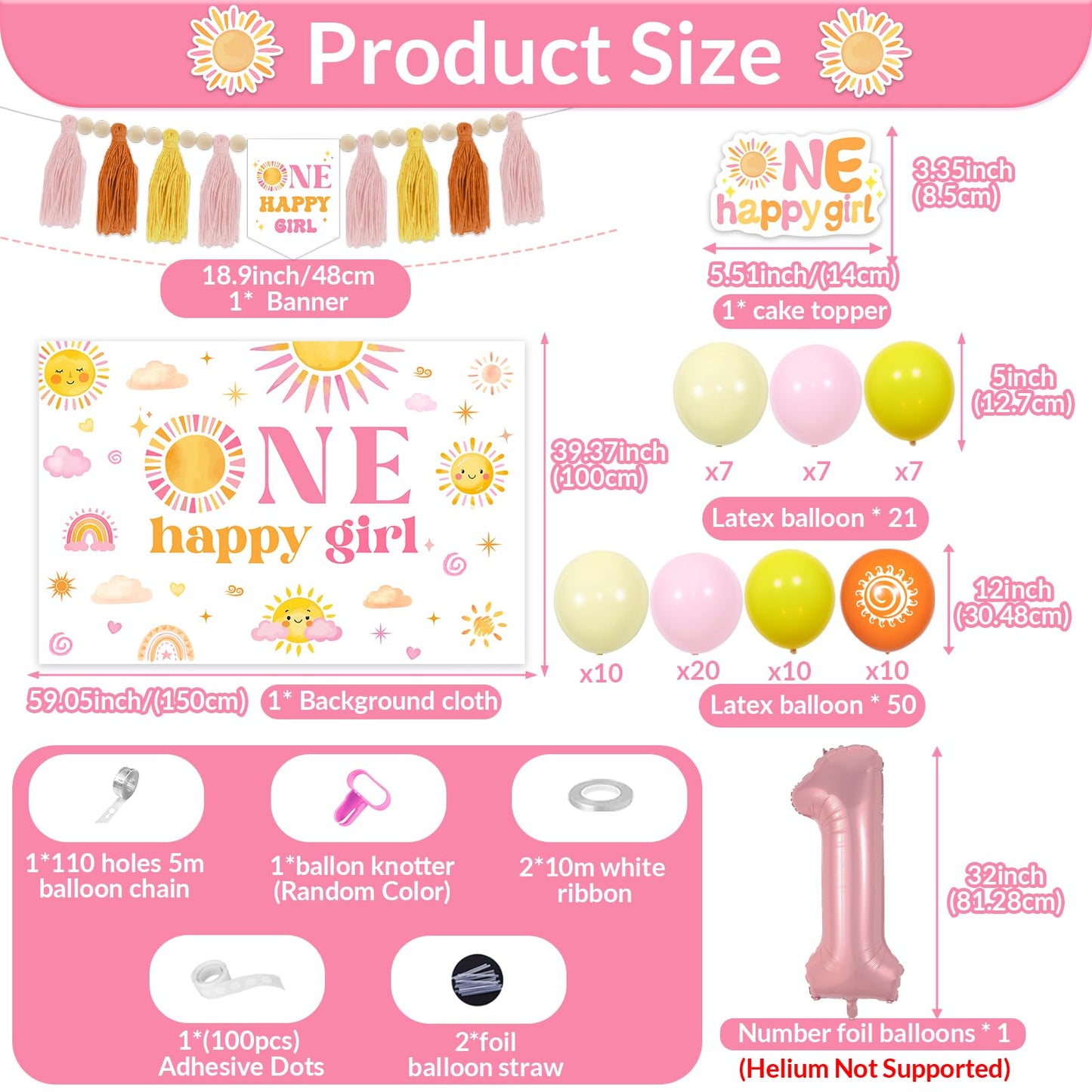 One Happy Girl Birthday Decorations Backdrop Sunshine 1st Birthday Highchair Banner Cake Cupcake Toppers Boho Sun Theme Balloon Garland Arch Kit for Girls Groovy Retro First Trip Around the Sun Party