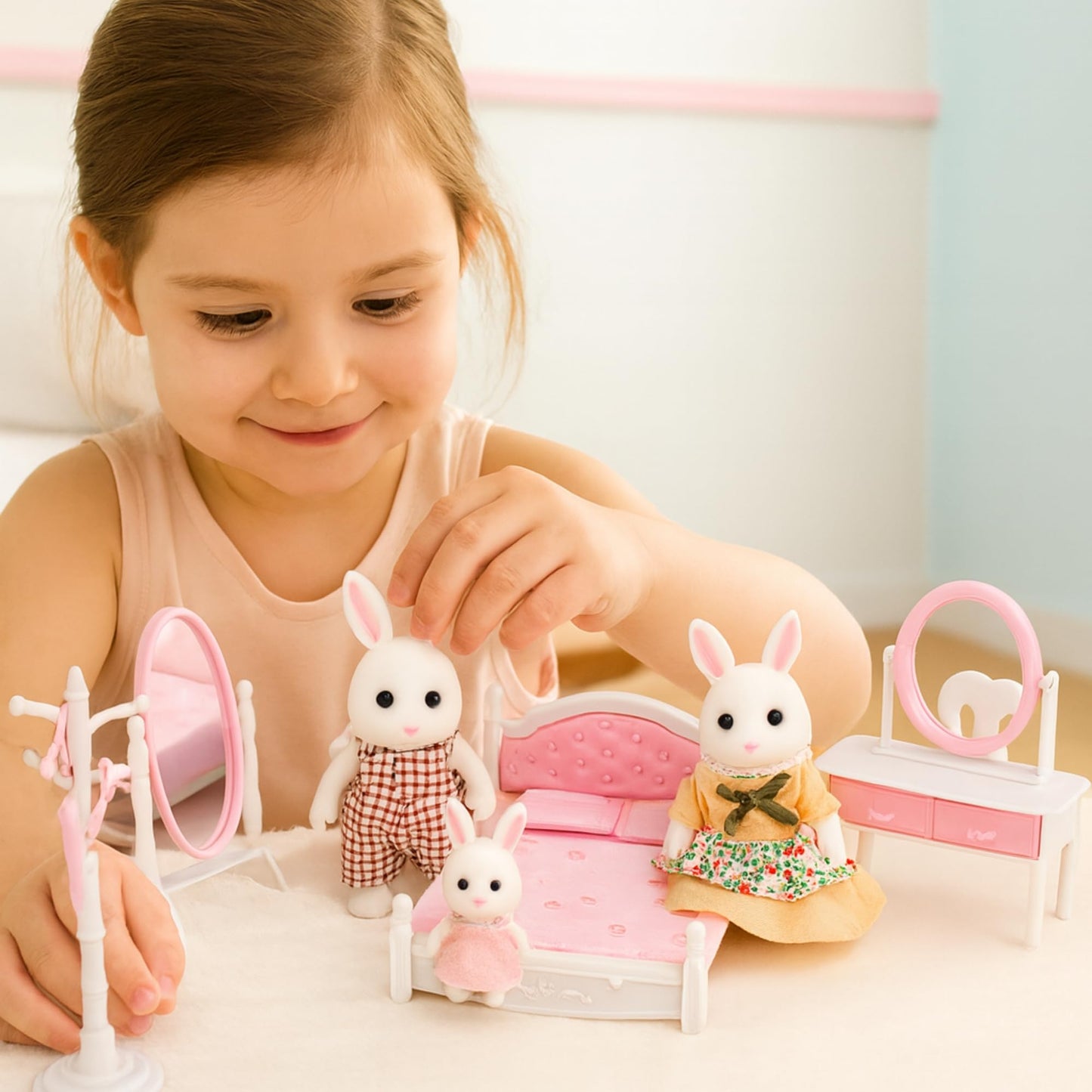 OLEOCA Family Dollhouse Bedroom Set — Bed, Pillows & Bedspread, Vanity with Mirror, Nightstand, Floor Mirror, Chair, Lamp, Coat Rack & Hangers — Dollhouse Furniture & Accessories for Ages 3+
