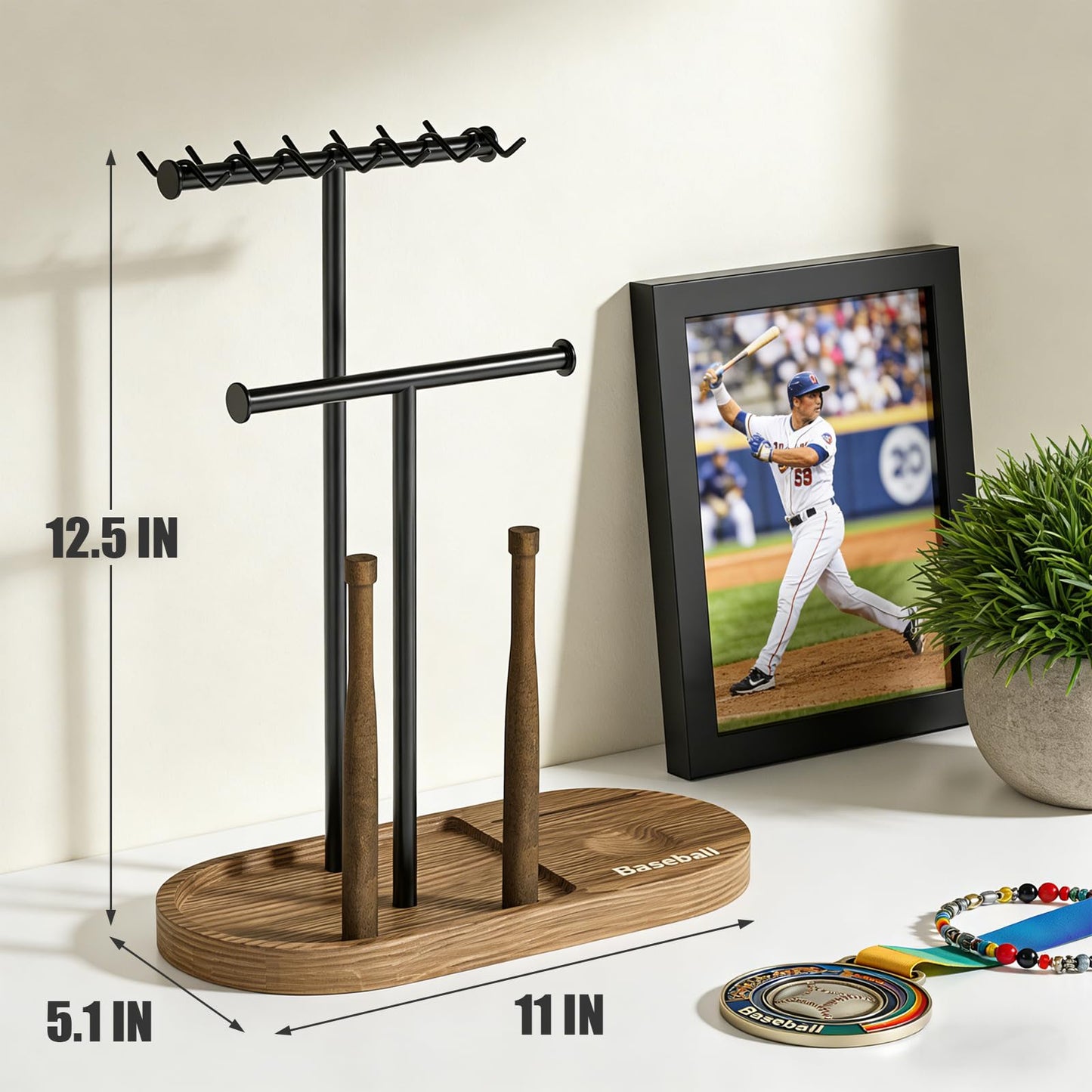 kulusion Baseball Display Case for Ball and Cards, 4-in-1 Necklace Ring Jewelry Stand, Sports Fan Display Organizer Case for MLB Collectibles, Gift for Baseball Lovers(Rustic Wood & Solid Metal)