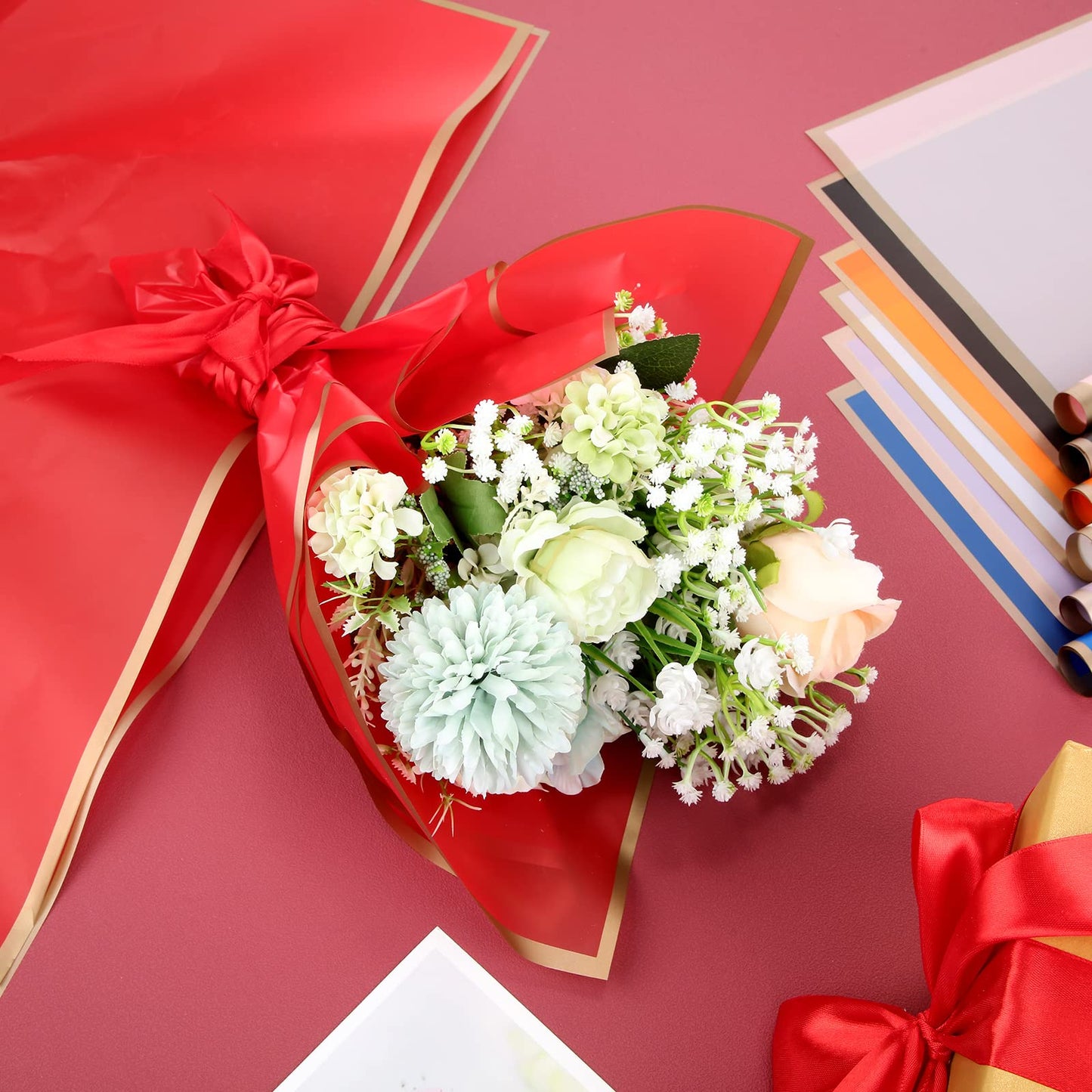 Yahenda 420 Sheets Flower Wrapping Papers:23"x23" Flower Bouquet Paper with Gold Edge Korean Style Bouquet Wrapping for Wedding Bridal Shower Anniversary Floral Supplies(Elegant Colors)