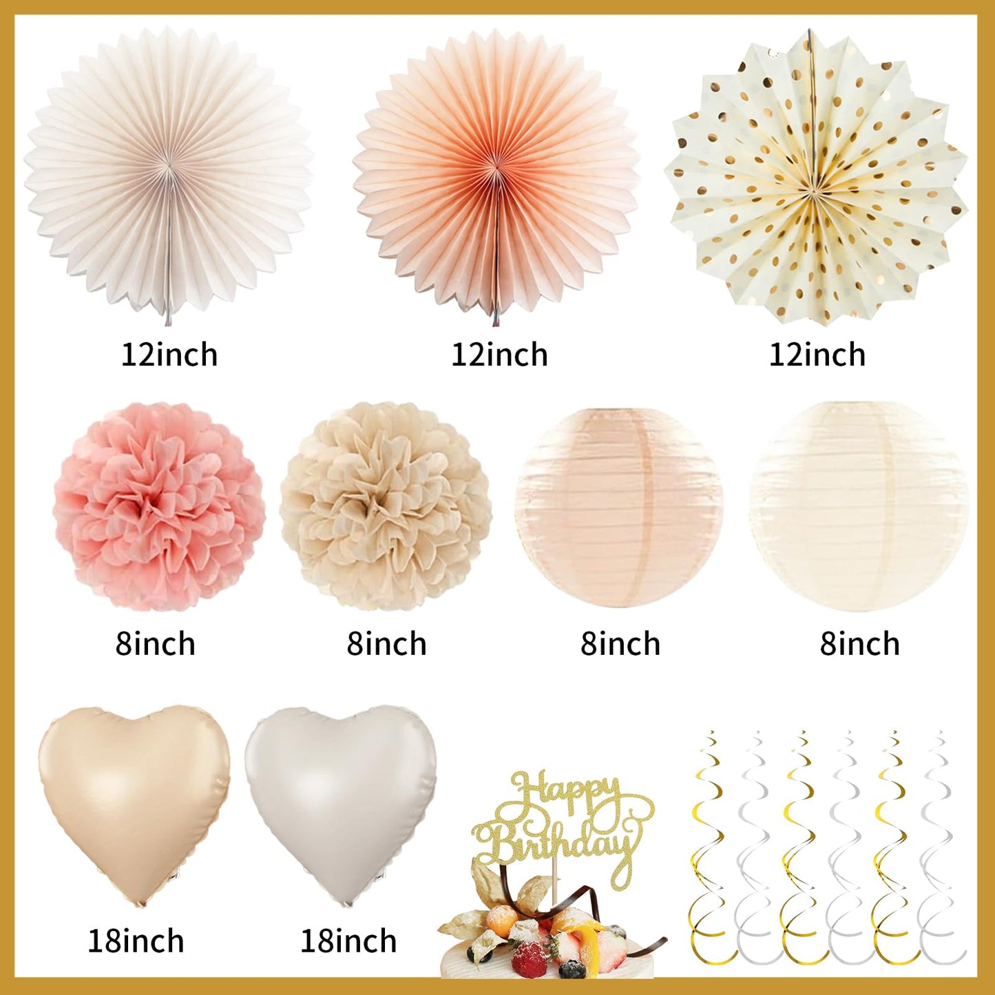 Birthday Decorations for Women Girl with Happy Birthday Sign, Banner Garland Swirls Paper Pompoms,Balloons,Fringe Curtain Suitable decor for 18th 20th 30th 40th 60th Party Supplies(Champagne Gold)