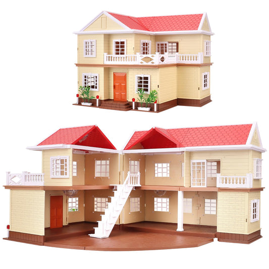 Family Cozy Cabin Doll House Playset, Dollhouse Furniture and Accessories,DIY Cottage Pretend Play Dollhouses, for Toddlers, Boys & Girls