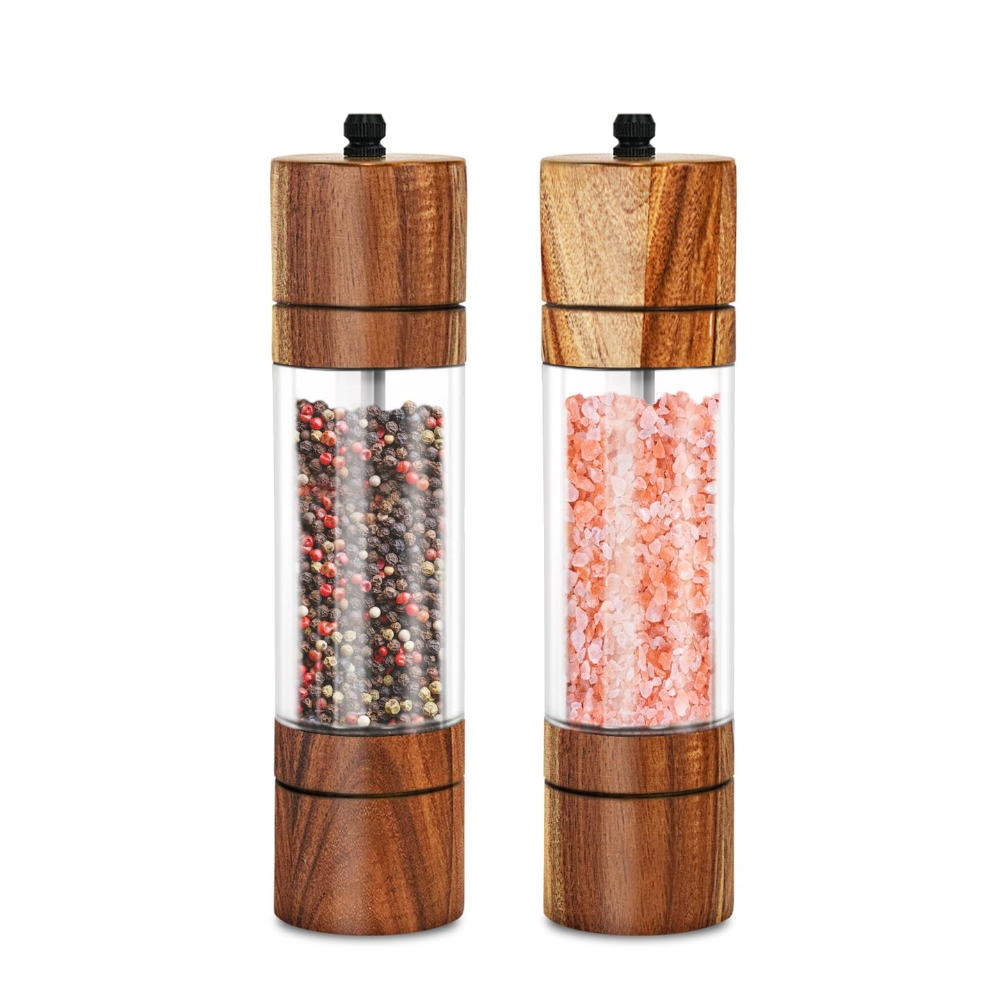 XWXO Acacia Wood Salt Grinder and Pepper Grinder Set Premium Acrylic Salt and Pepper Mill Set, Manual Salt and Pepper Mills- Wooden Shakers with Adjustable Ceramic Core 8 Inches 2 Pack