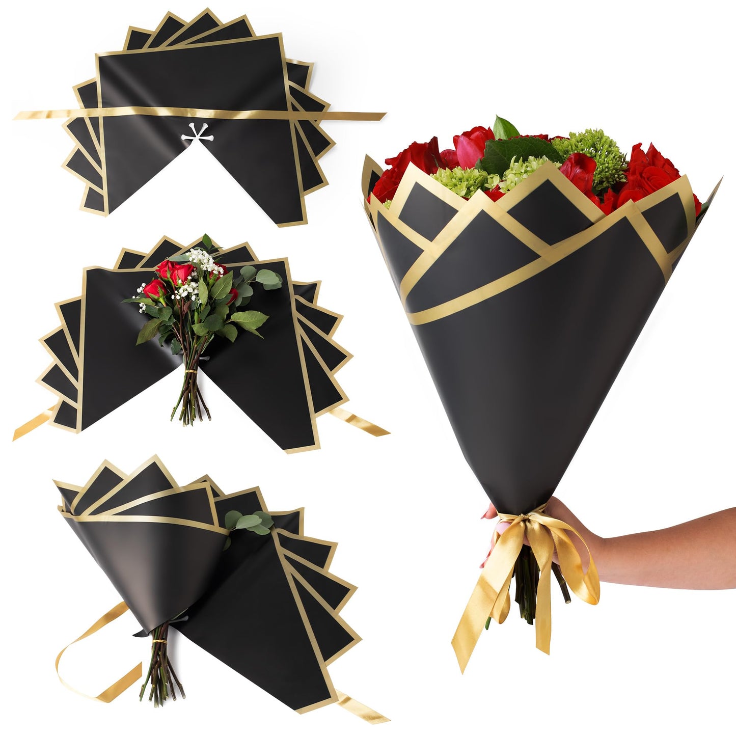 the florist Supply Amour Wrap 12 Pack, Luxury Pre-Assembled Flower Wrapping Paper - Waterproof Floral Bouquet Wrapping Paper with Gold Trim & Satin Ribbon, Black