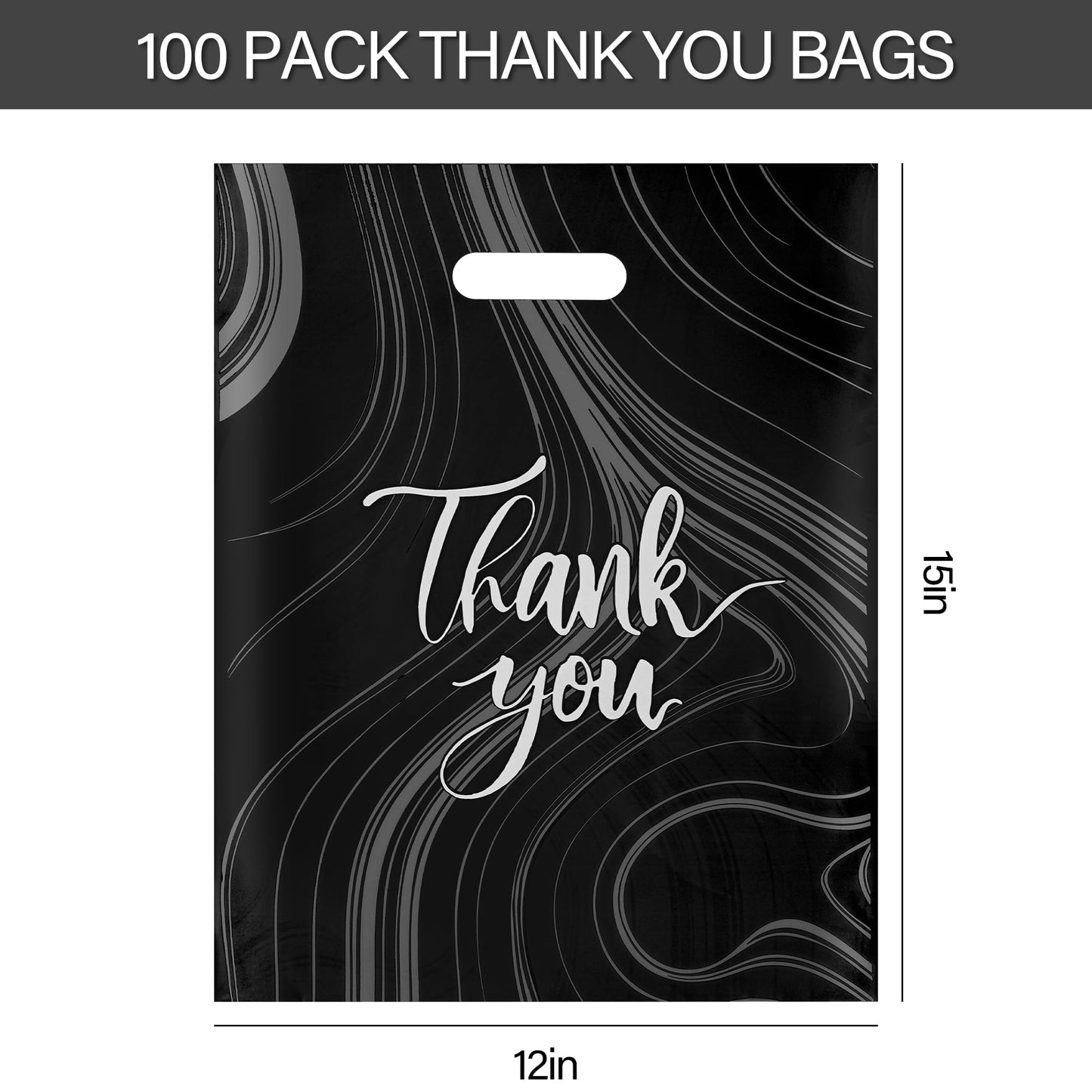 100 Pack Black Thank You Bags, Plastic Bags with Handles, 12 X 15 Inches (2.36 Mil Thickness) for Small Business, Boutique, Retail, Packaging Supplies to Hold Clothes