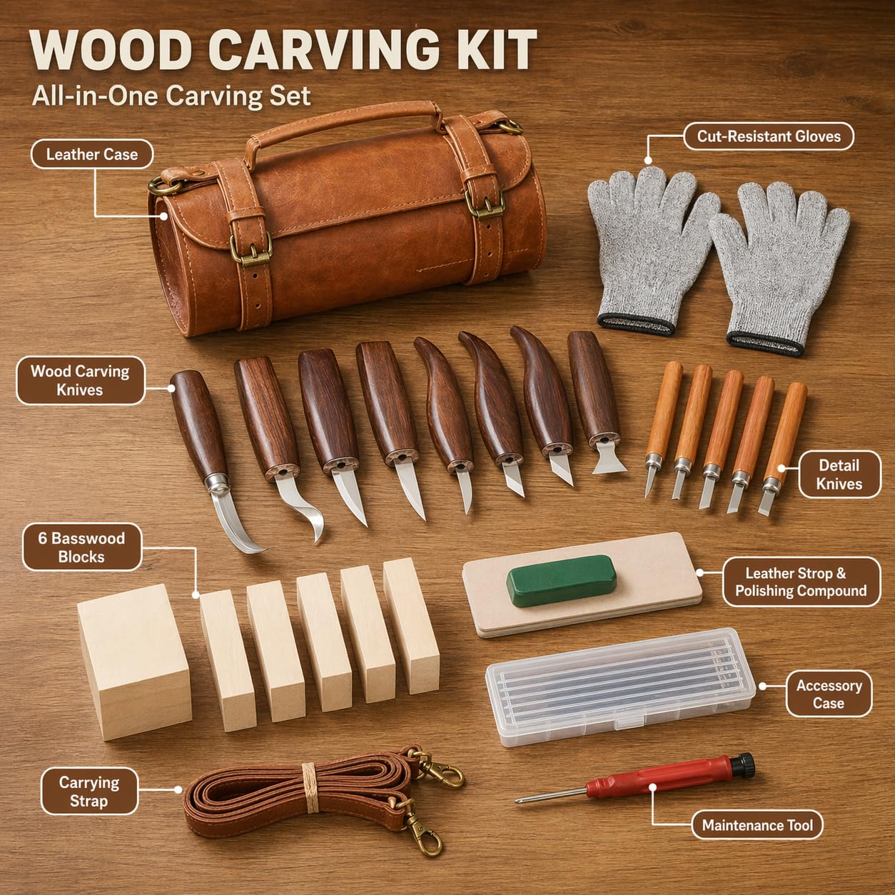 Deluxe Wood Carving Kit, 26Pcs Whittling Tools with 6 Basswood Blocks & Leather Case, High-Carbon Steel Knives, Safety Gloves, Woodworking Set for Beginners Adults DIY Craft Gifts