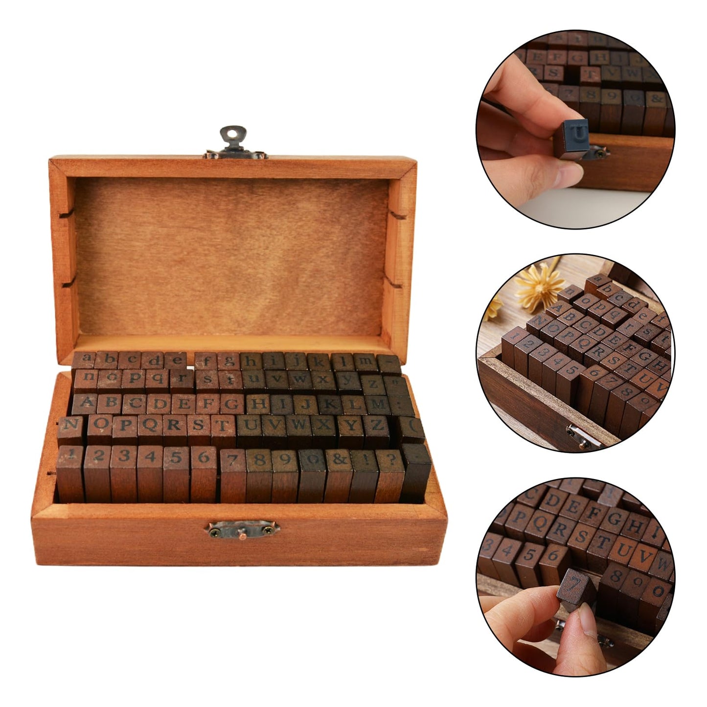 70Pcs Wood Letter Rubber Stamps, Vintage Capital Upper Lower Case Number Stamps Set with Wooden Box, Alphabet Stamper Seal Set for DIY Planner/Scrapbook/Card Making/Clay Crafts