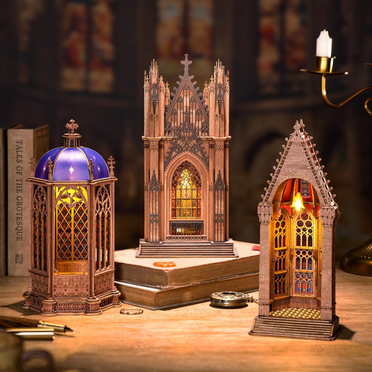 Rowood 3D Puzzle,Gothic Architecture Buiding Set Wooden Model Kits for Adults,DIY Adult Craft Kits with LED,Chirstmas Birthday Gift-Geometric Cathedral