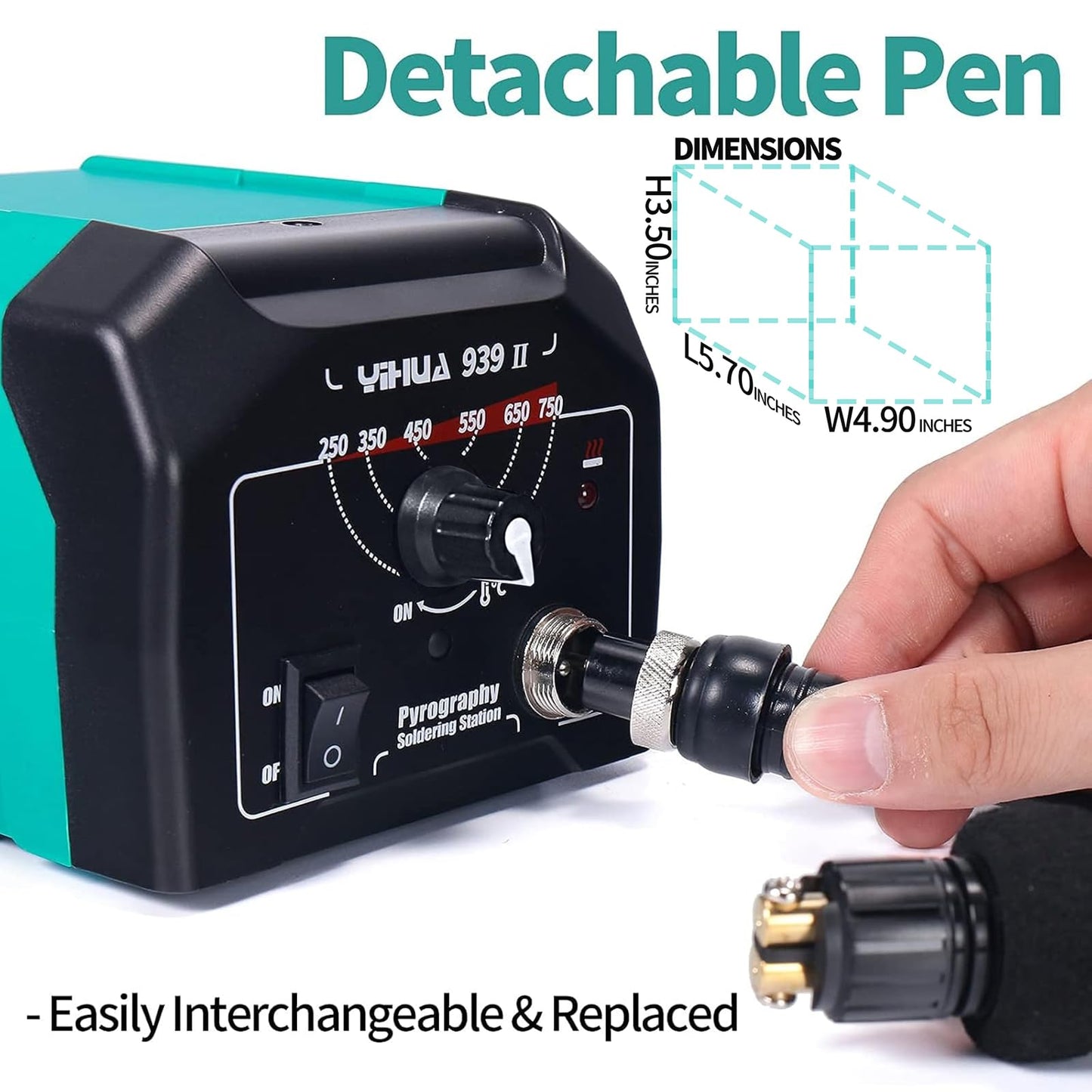 YIHUA 939-II Wood Burning Kit Station Pyrography pen 250~750℃/482~1382℉ Temperature Adjustable with 20 Wire Nibs, 1 stable pen holder, 2 stencils, 2 scrap wood, 1 S/S Tweezers, and 1 pliers (Green)