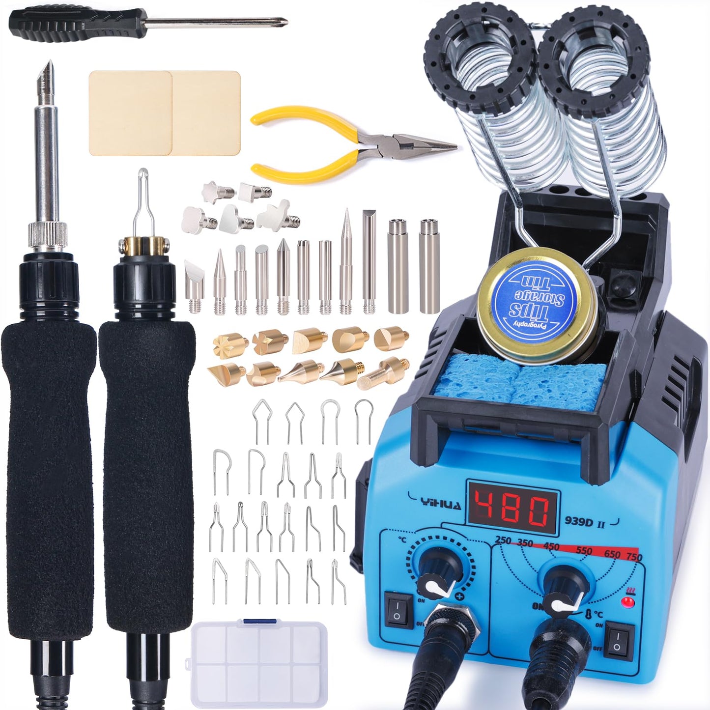 YIHUA 939D-II Pyrography Pen Wood Burning Kit Station 2-in-1 Solid-Point 200~480°C (with Temp Display)/Wire-Nib 250~750°C with 20 Nibs, Solid Points, 1 Stable Pen Holder, 2 Scrap Wood (Blue)
