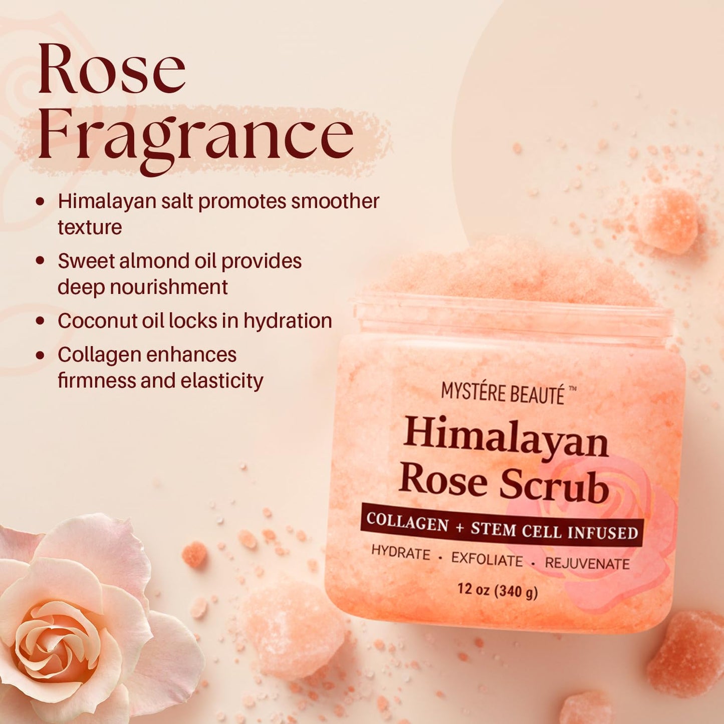 MYSTÉRE BEAUTÉ Himalayan Salt Body Scrub with Collagen & Rose Oil (12 oz) - Exfoliating Scrub for Cellulite, Acne, Scars & Stretch Marks - Deep Cleansing & Moisturizing - Natural Skin Care Gift
