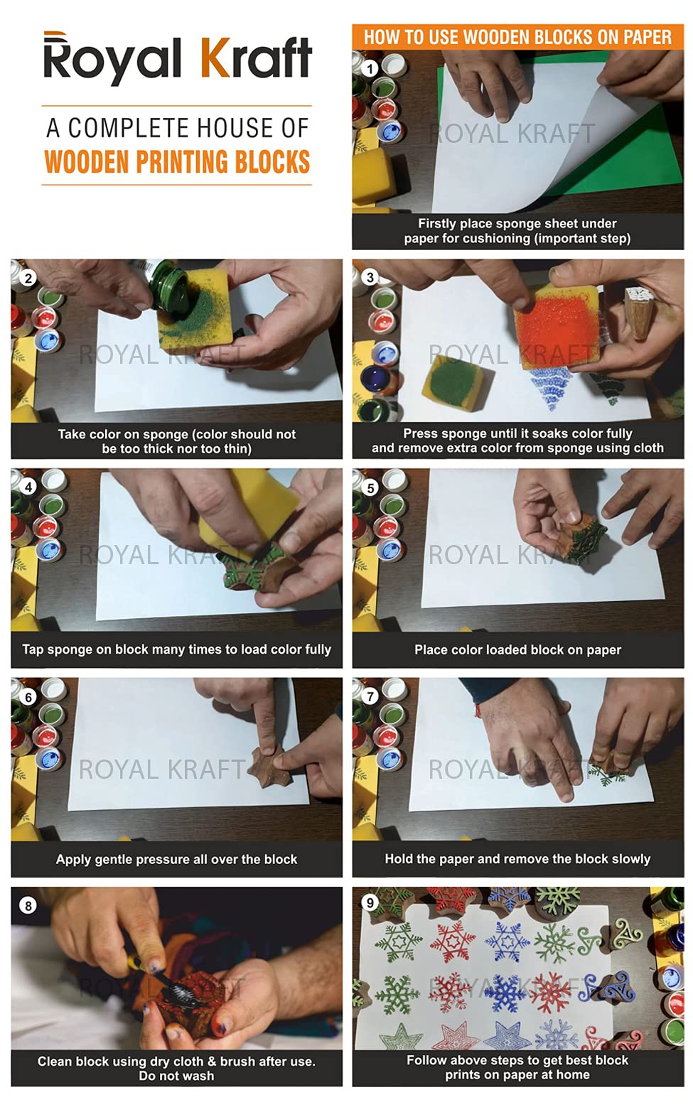 Royal Kraft Wooden Stamps for Block Printing on Saree Border, Textile, Clay, Pottery, Tattoo (Set of 10) MXtag0001