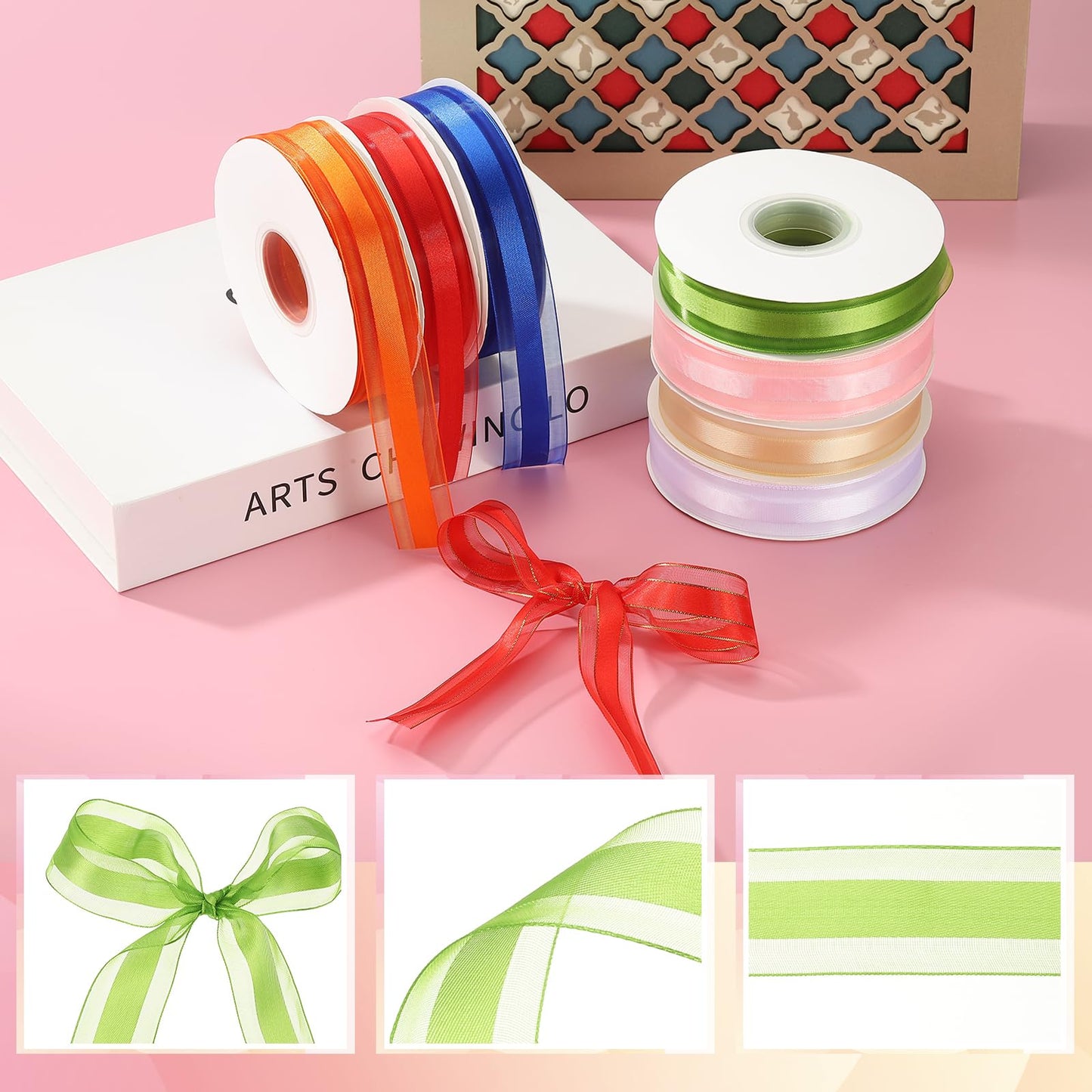 PATIKIL 50 Yards x 1" Organza Chiffon Ribbon, Green Candy Satin Striped Sheer Craft Ribbons for Bows Making, Gift Wrapping, Wreath, Birthday Wedding Festival Decoration