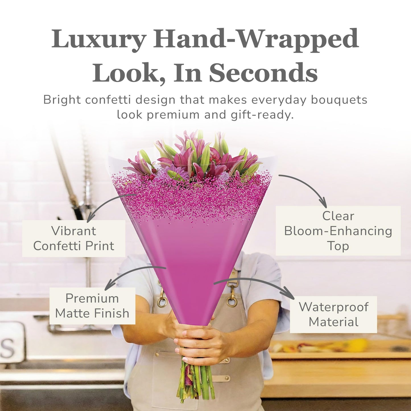 the florist Supply Confetti Sleeves 20 Pack 17.3 x 17.1 x 4.9 Inch Waterproof Flower Bouquet Wrapping Sleeves, Flower Bouquet Bags, Plastic Floral Sleeves, Gift-Ready for Wedding, Birthday, Pink