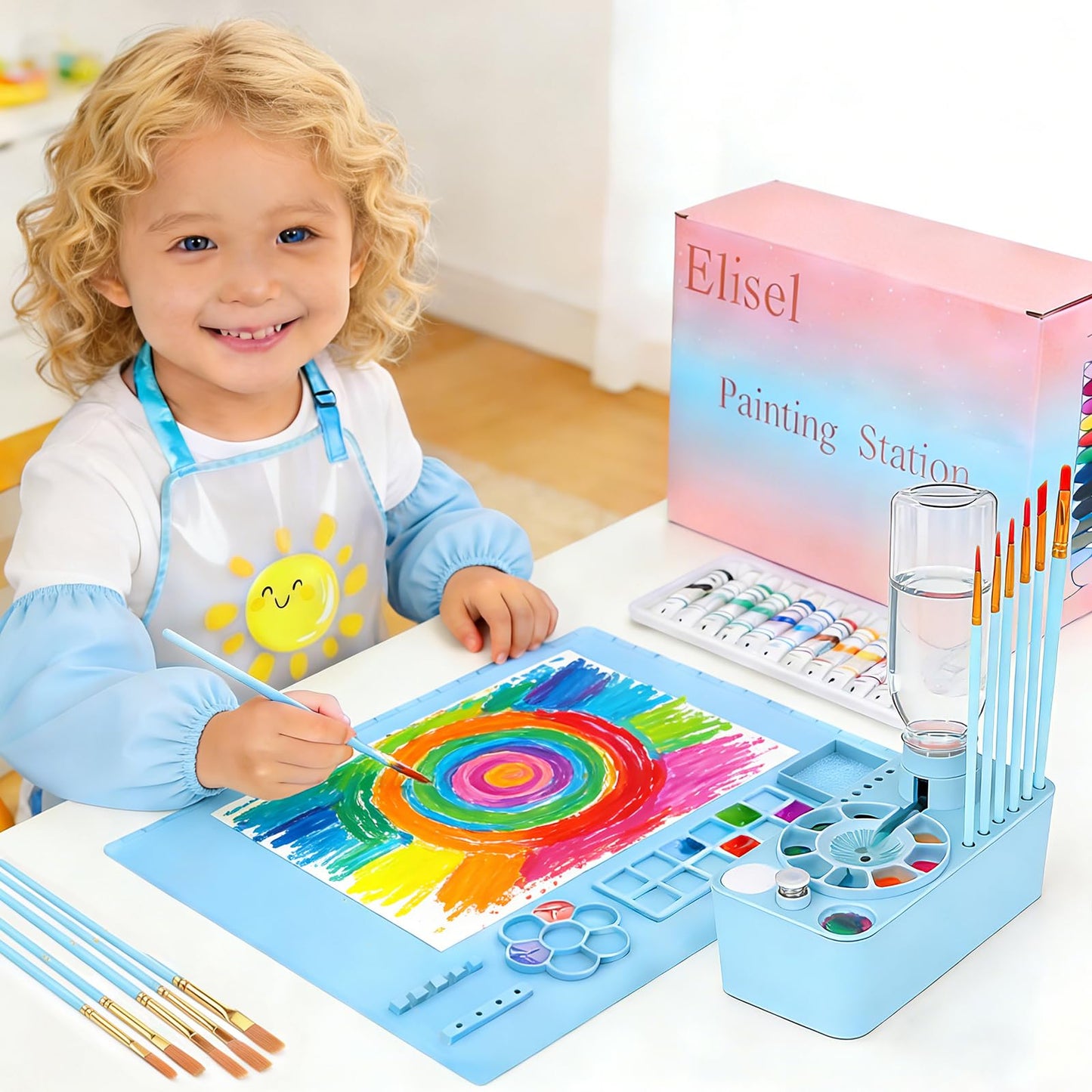 Elisel Painting Station,5 IN 1 Art Paint Supplies Kits,Paint Brush Cleaner (Upgraded),Silicone Painting Mat 12 Colors Paint Set,10 Paint Brushes,Painting Apron for Kids Artist Beginners (Blue, 5)
