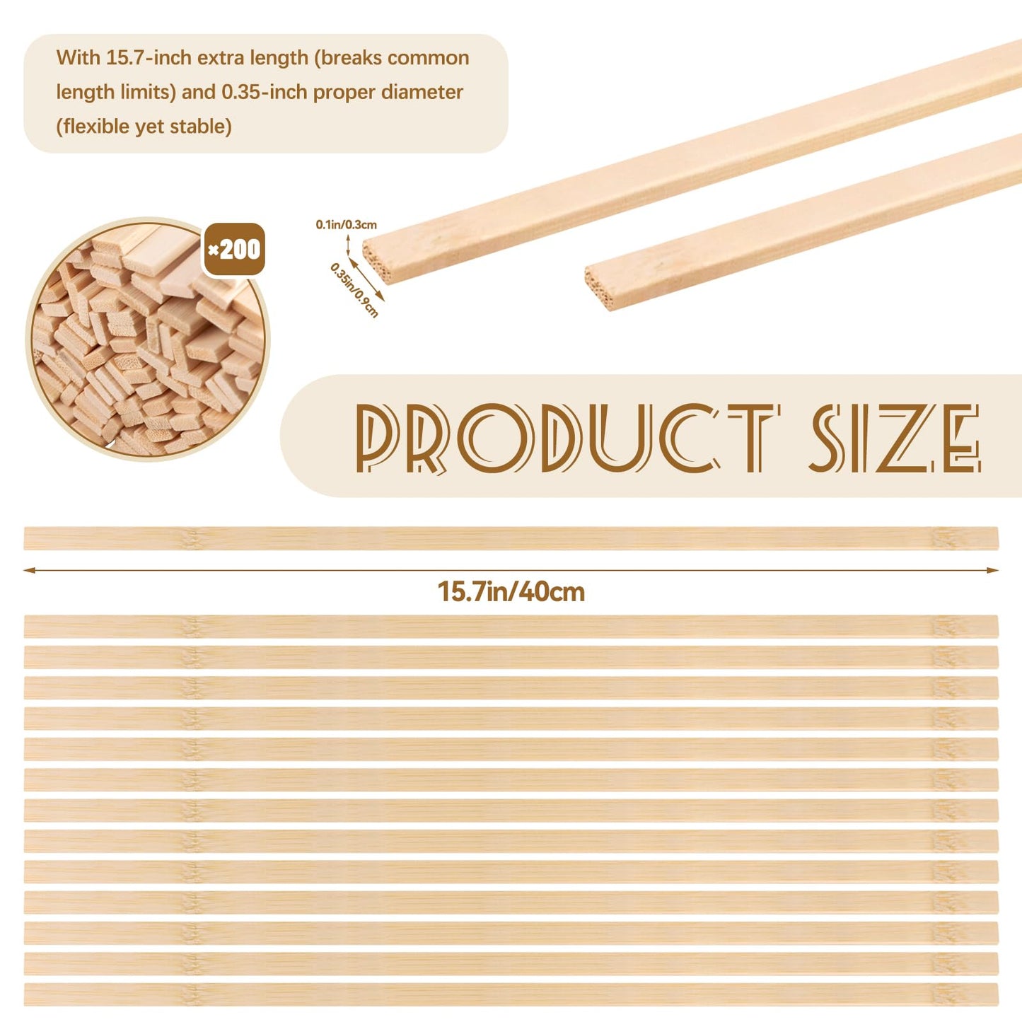 200 Pcs Extra Long Natural Bamboo Sticks - 15.7 x 0.35 Inch Strong Wood Strips, Multipurpose Wooden Craft Sticks for DIY Craft Projects, Handmade Decor, Model Building & Art Supplies